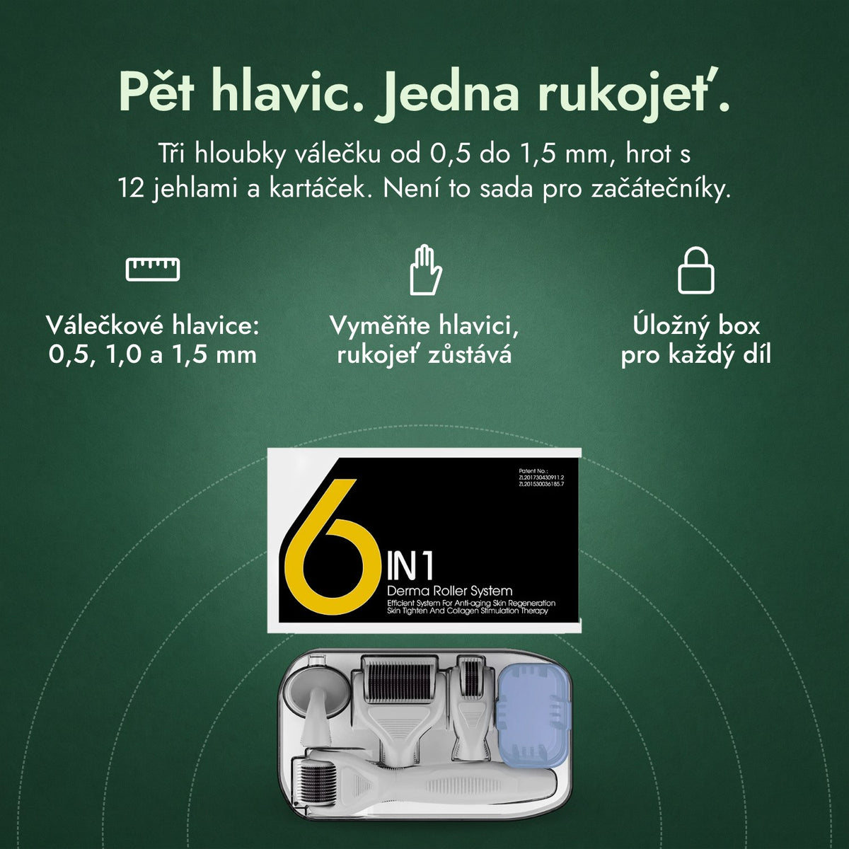 Sada dermaroller 6 v 1, 0,5–1,5 mm: Pět hlavic. Jedna rukojeť. Válečkové hlavice: 0,5, 1,0 a 1,5 mm, Vyměňte hlavici, rukojeť zůstává, Úložný box pro každý díl