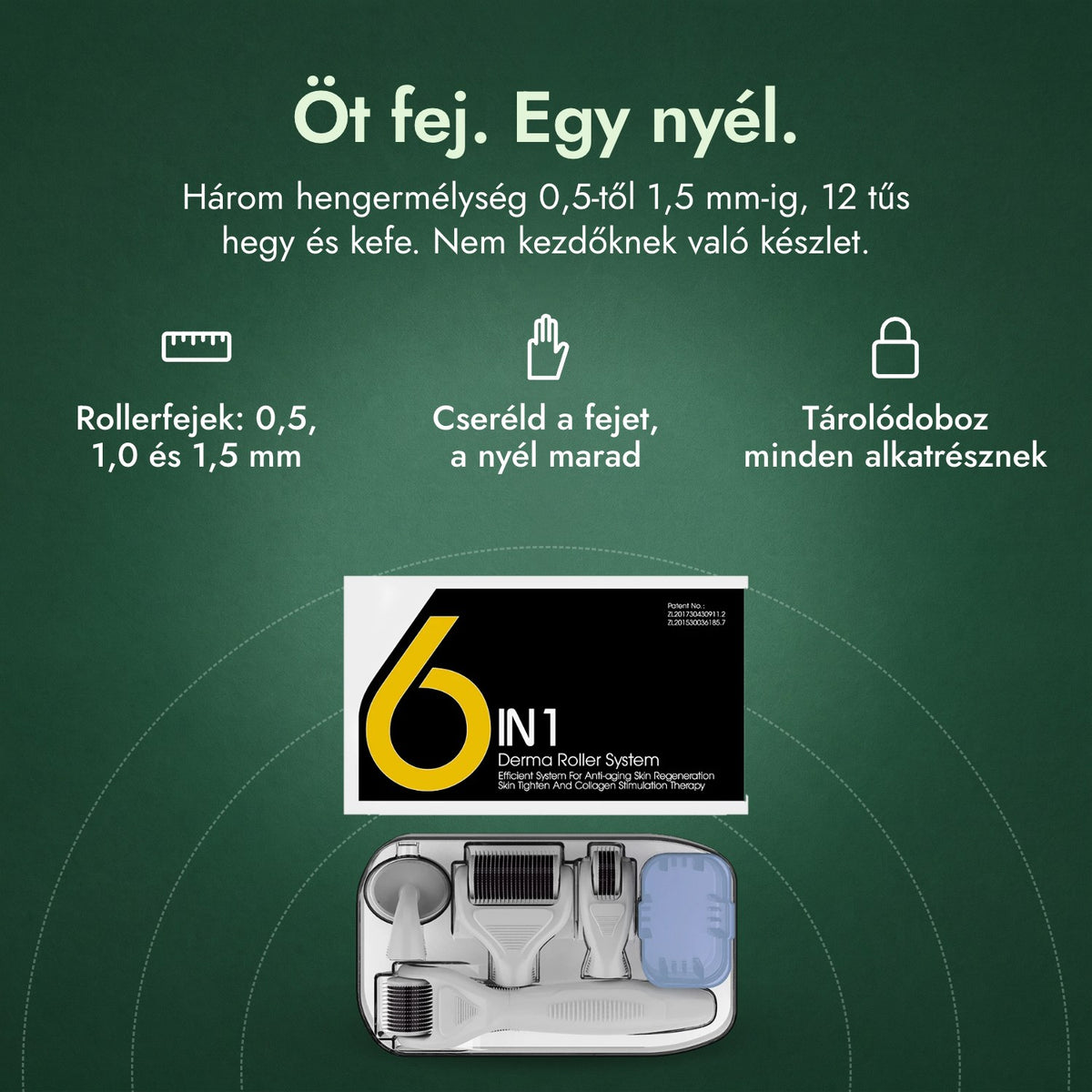 Dermaroller készlet 6 az 1-ben, 0,5–1,5 mm: Öt fej. Egy nyél. Rollerfejek: 0,5, 1,0 és 1,5 mm, Cseréld a fejet, a nyél marad, Tárolódoboz minden alkatrésznek