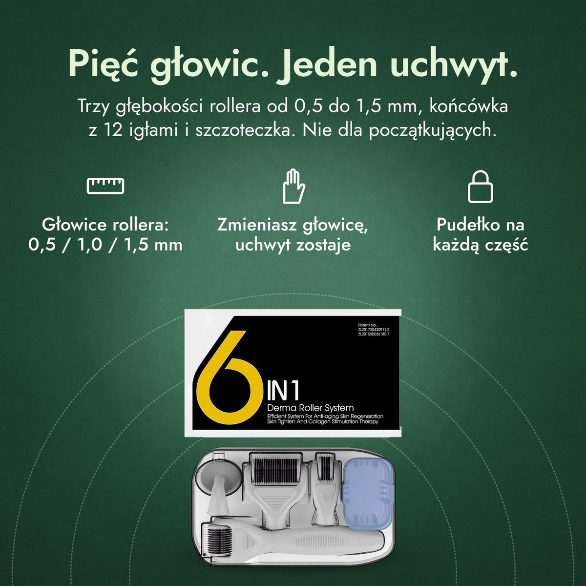 Zestaw dermaroller 6 w 1, 0,5–1,5 mm: Pięć głowic. Jeden uchwyt. Głowice rollera: 0,5 / 1,0 / 1,5 mm, Zmieniasz głowicę, uchwyt zostaje, Pudełko na każdą część