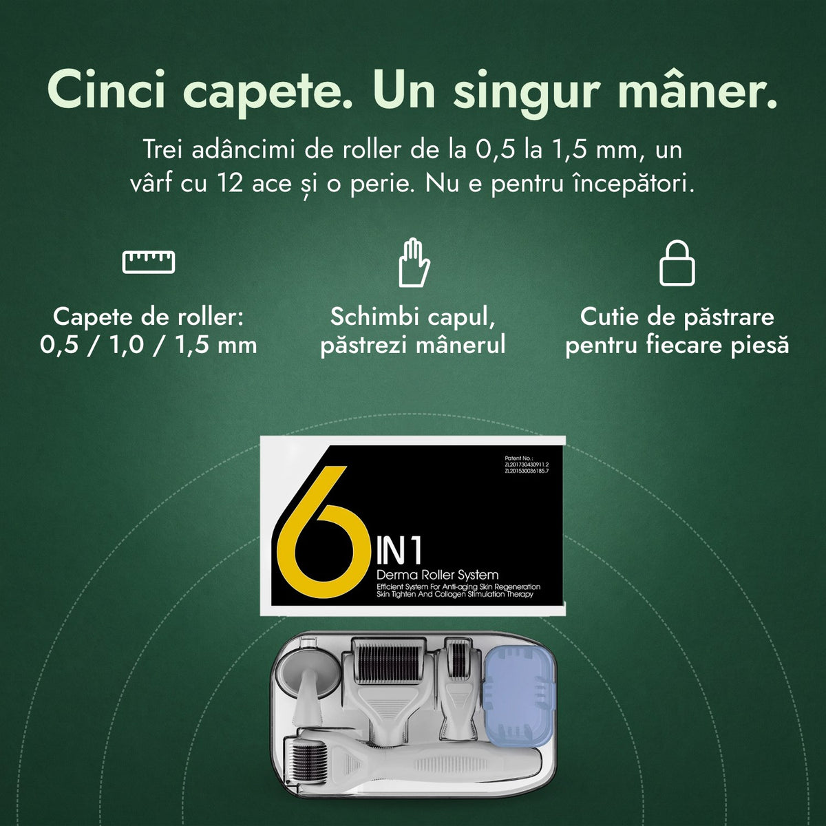 Kit dermaroller 6 în 1, 0,5–1,5 mm: Cinci capete. Un singur mâner. Capete de roller: 0,5 / 1,0 / 1,5 mm, Schimbi capul, păstrezi mânerul, Cutie de păstrare pentru fiecare piesă