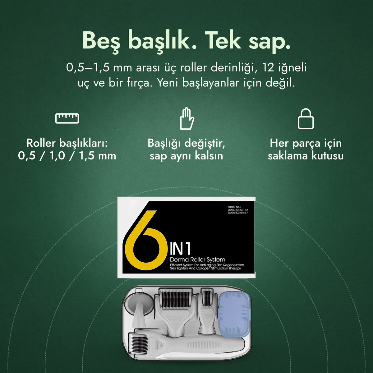 6'sı 1 arada dermaroller seti, 0,5–1,5 mm: Beş başlık. Tek sap. Roller başlıkları: 0,5 / 1,0 / 1,5 mm, Başlığı değiştir, sap aynı kalsın, Her parça için saklama kutusu