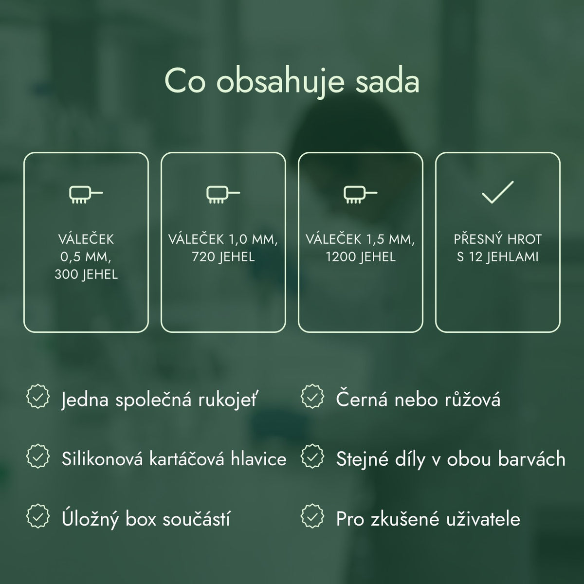 Co obsahuje sada: Váleček 0,5 mm, 300 jehel, Váleček 1,0 mm, 720 jehel, Váleček 1,5 mm, 1200 jehel, Přesný hrot s 12 jehlami