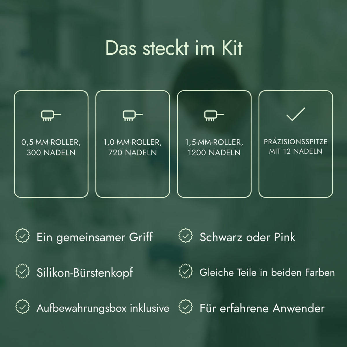 Das steckt im Kit: 0,5-mm-Roller, 300 Nadeln, 1,0-mm-Roller, 720 Nadeln, 1,5-mm-Roller, 1200 Nadeln, Präzisionsspitze mit 12 Nadeln