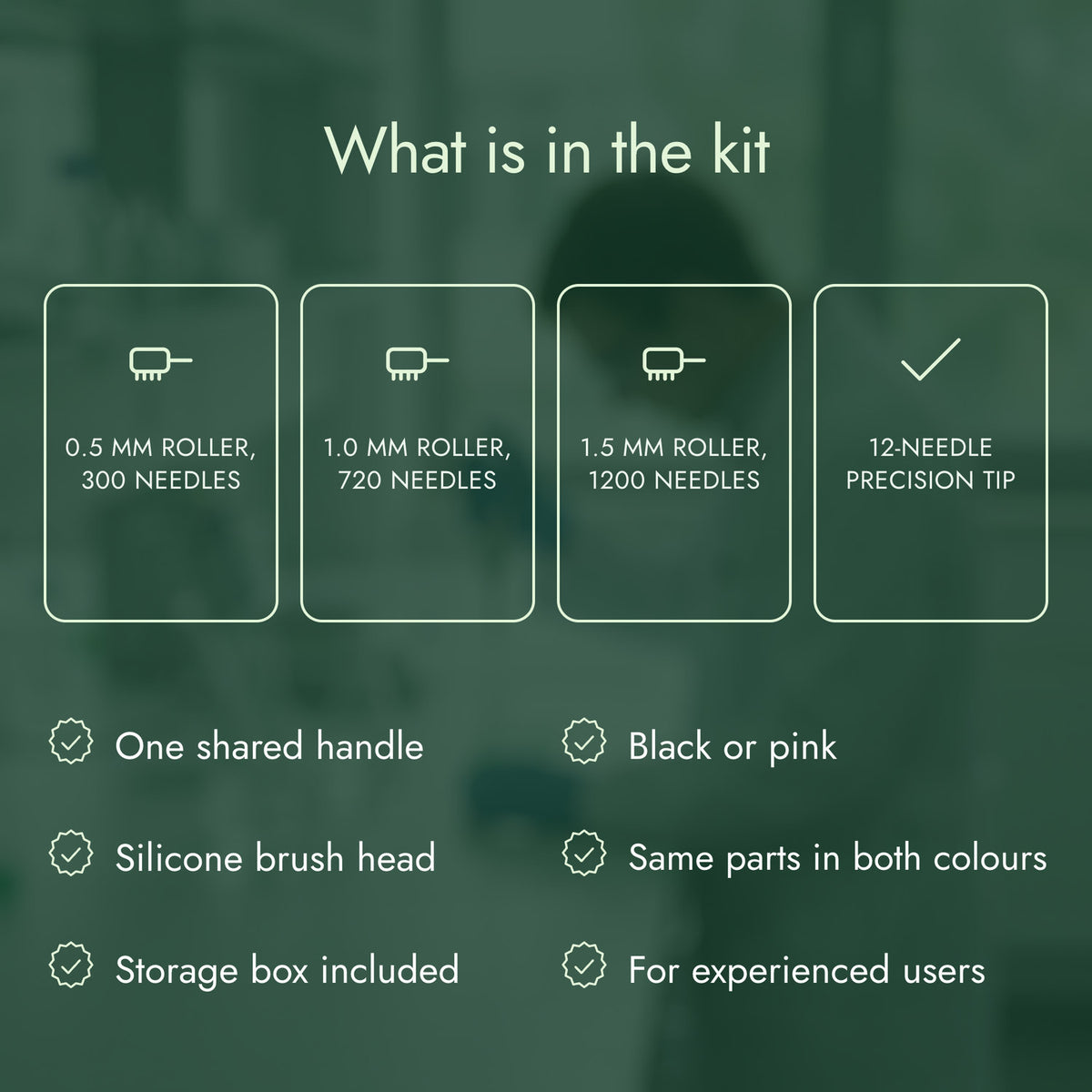What is in the kit: 0.5 mm roller, 300 needles, 1.0 mm roller, 720 needles, 1.5 mm roller, 1200 needles, 12-needle precision tip