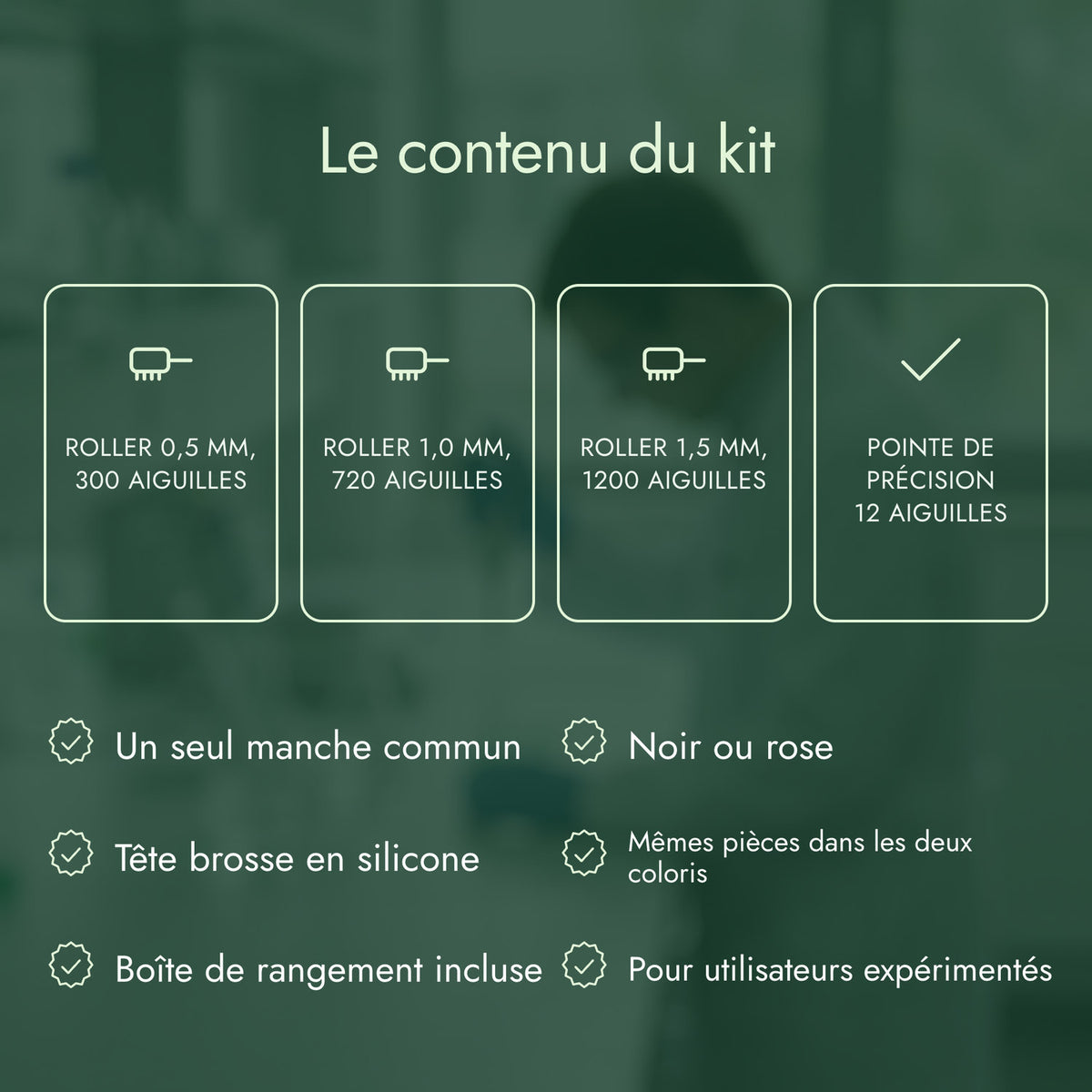 Le contenu du kit: Roller 0,5 mm, 300 aiguilles, Roller 1,0 mm, 720 aiguilles, Roller 1,5 mm, 1200 aiguilles, Pointe de précision 12 aiguilles