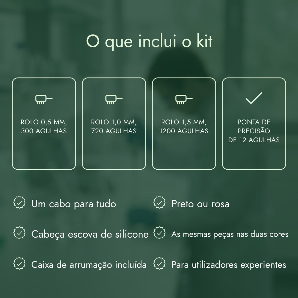 O que inclui o kit: Rolo 0,5 mm, 300 agulhas, Rolo 1,0 mm, 720 agulhas, Rolo 1,5 mm, 1200 agulhas, Ponta de precisão de 12 agulhas
