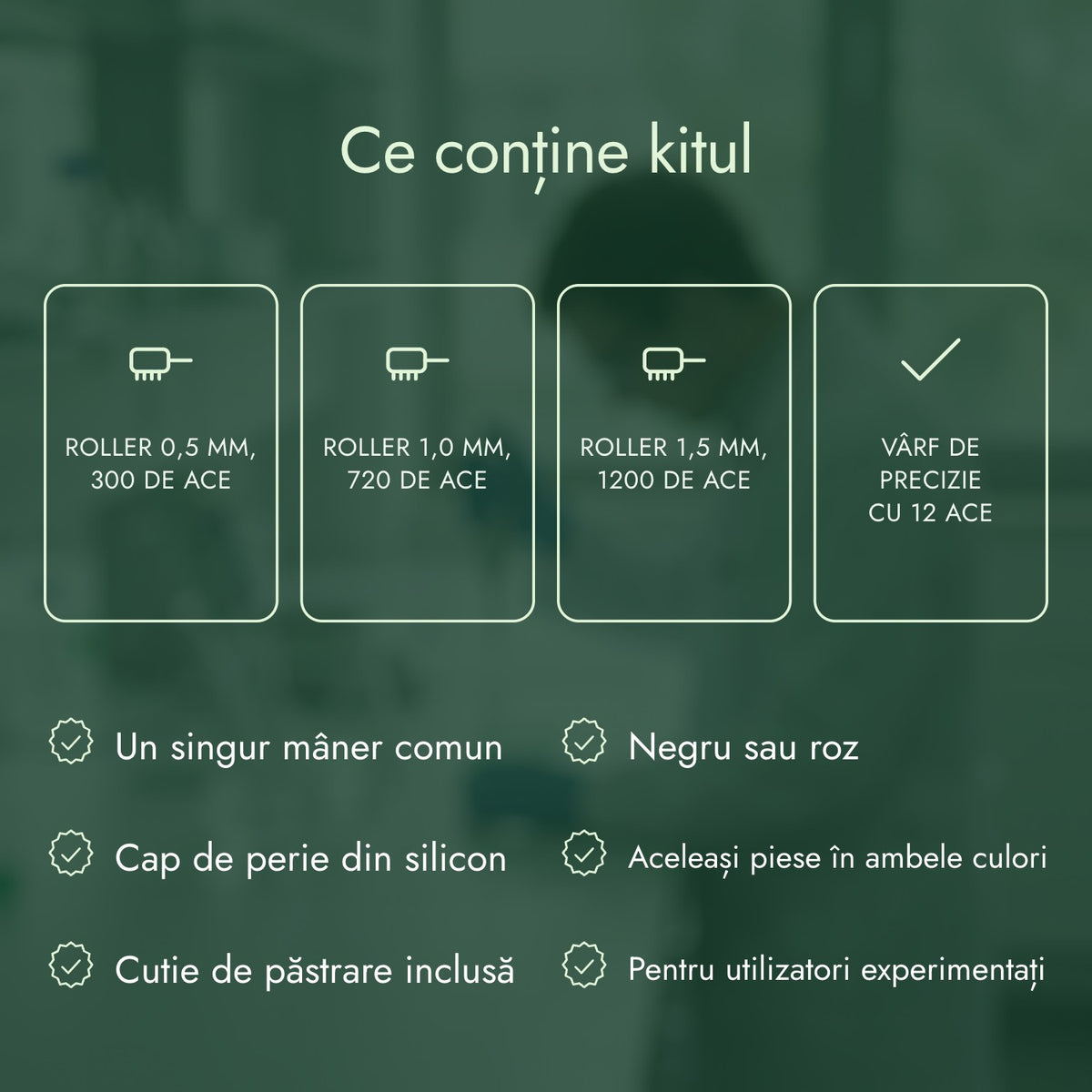 Ce conține kitul: Roller 0,5 mm, 300 de ace, Roller 1,0 mm, 720 de ace, Roller 1,5 mm, 1200 de ace, Vârf de precizie cu 12 ace