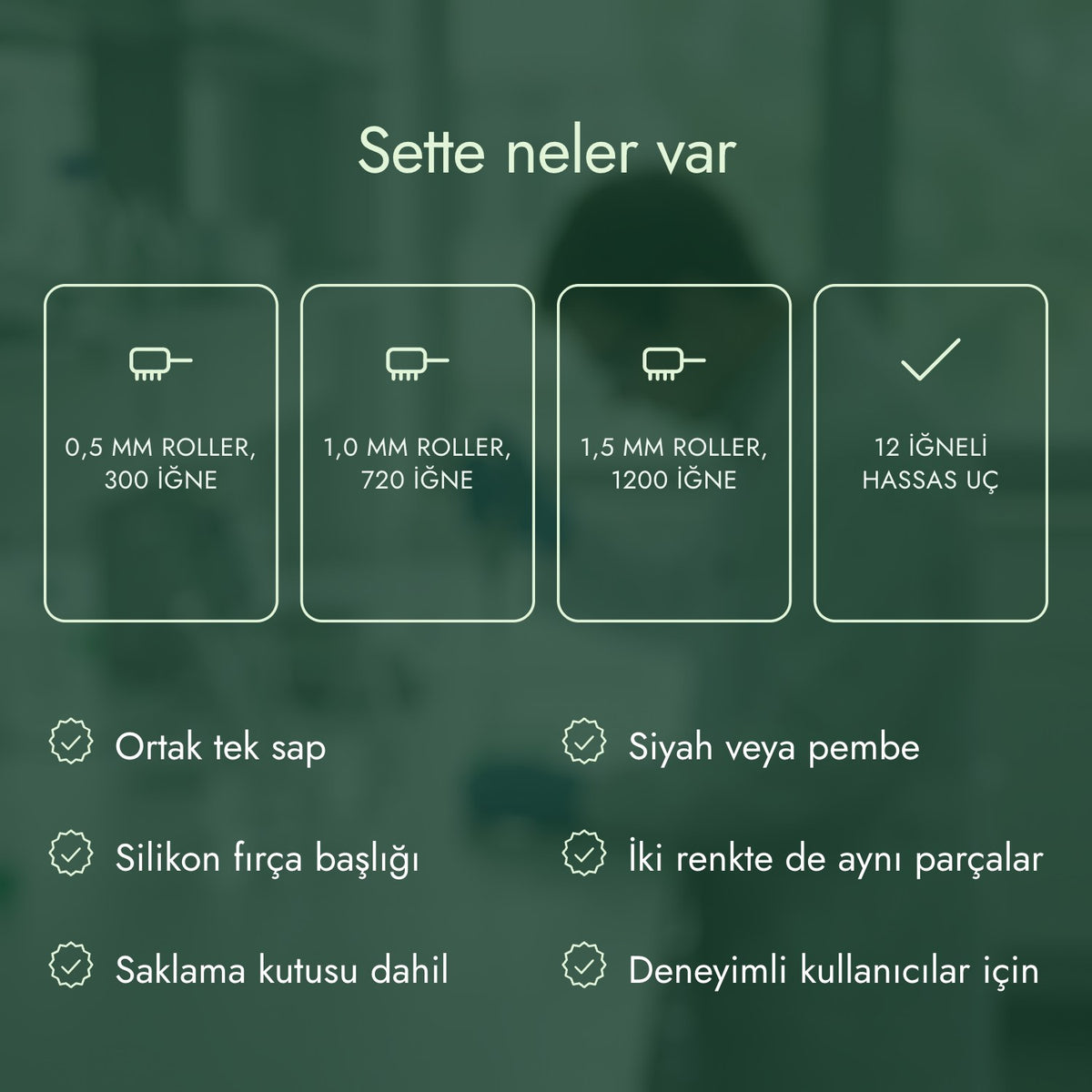 Sette neler var: 0,5 mm roller, 300 iğne, 1,0 mm roller, 720 iğne, 1,5 mm roller, 1200 iğne, 12 iğneli hassas uç