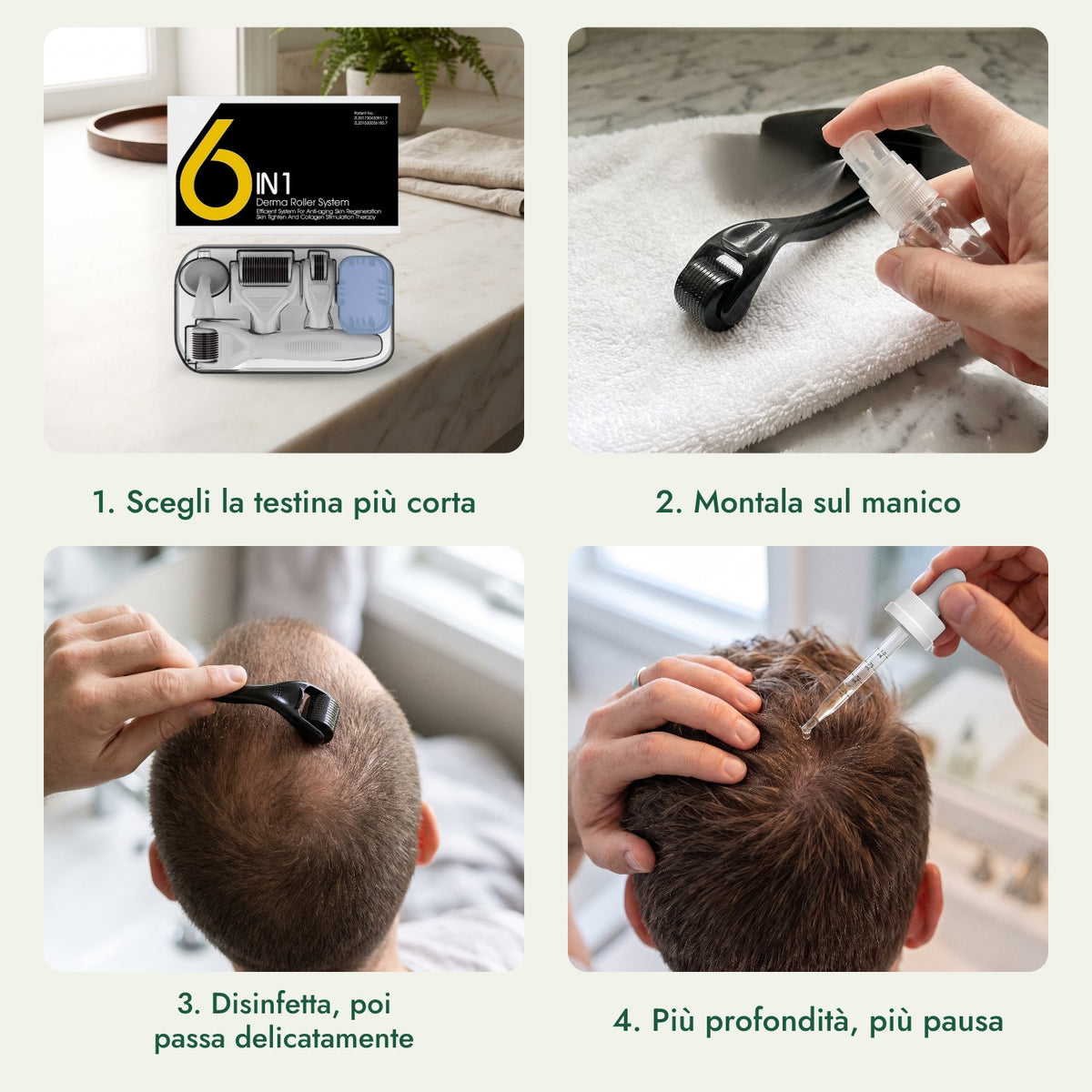 Kit dermaroller 6 in 1, 0,5–1,5 mm: Scegli la testina più corta, Montala sul manico, Disinfetta, poi passa delicatamente, Più profondità, più pausa