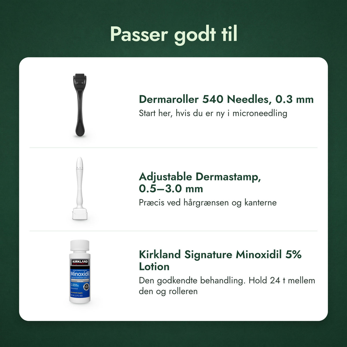 Passer godt til: Dermaroller 540 nåle, 0,3 mm, Justerbar dermastamp, 0,5–3,0 mm, Kirkland Signature Minoxidil 5%