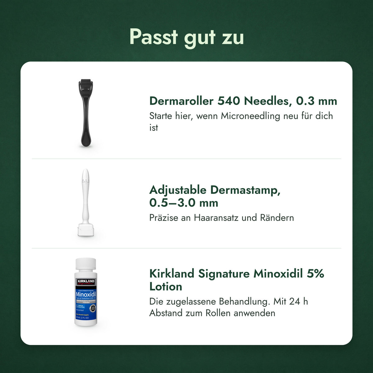 Passt gut zu: Dermaroller 540 Nadeln, 0,3 mm, Verstellbarer Dermastamp, 0,5–3,0 mm, Kirkland Signature Minoxidil 5%