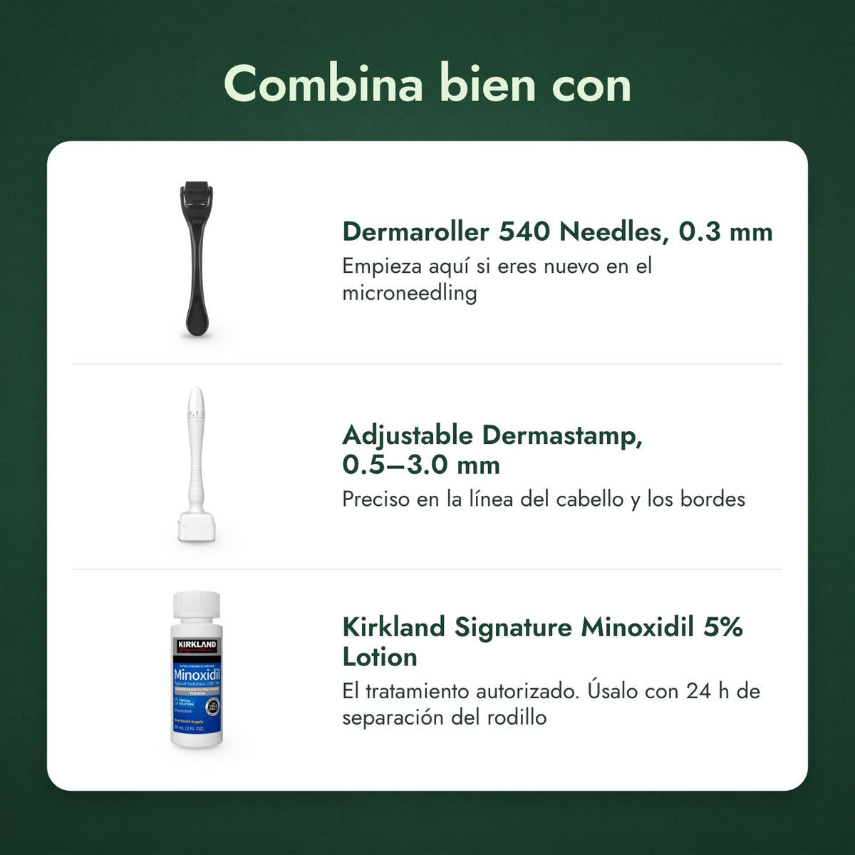 Combina bien con: Dermaroller 540 agujas, 0,3 mm, Dermastamp regulable, 0,5–3,0 mm, Kirkland Signature Minoxidil 5%