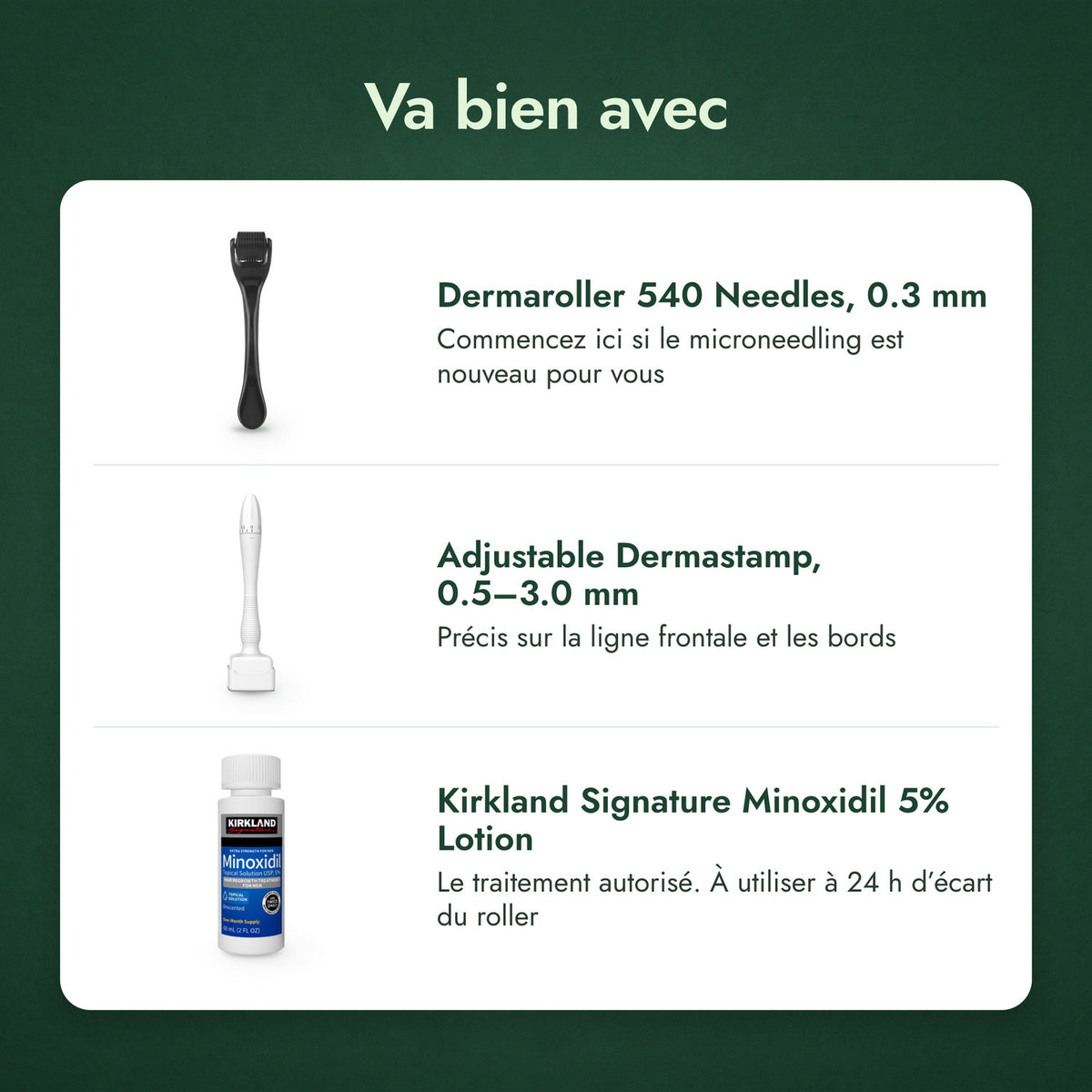 Va bien avec: Dermaroller 540 aiguilles, 0,3 mm, Dermastamp réglable, 0,5–3,0 mm, Kirkland Signature Minoxidil 5%
