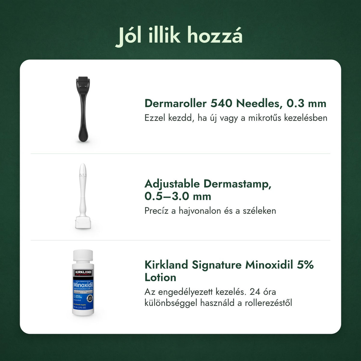 Jól illik hozzá: Dermaroller 540 tű, 0,3 mm, Állítható dermastamp, 0,5–3,0 mm, Kirkland Signature Minoxidil 5%