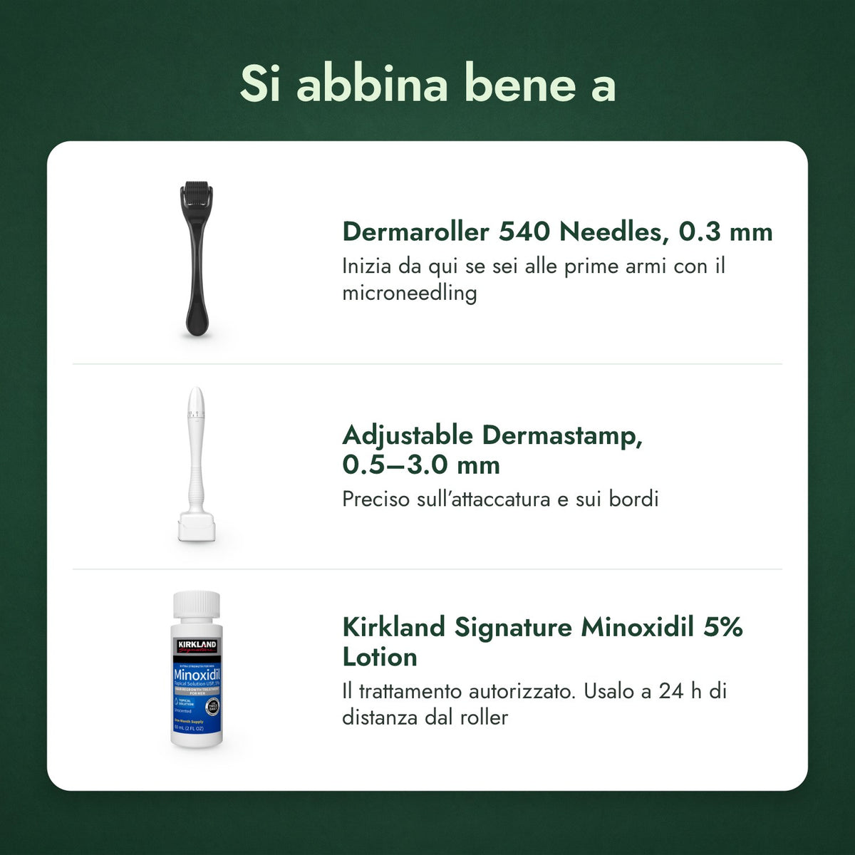 Si abbina bene a: Dermaroller 540 aghi, 0,3 mm, Dermastamp regolabile, 0,5–3,0 mm, Kirkland Signature Minoxidil 5%
