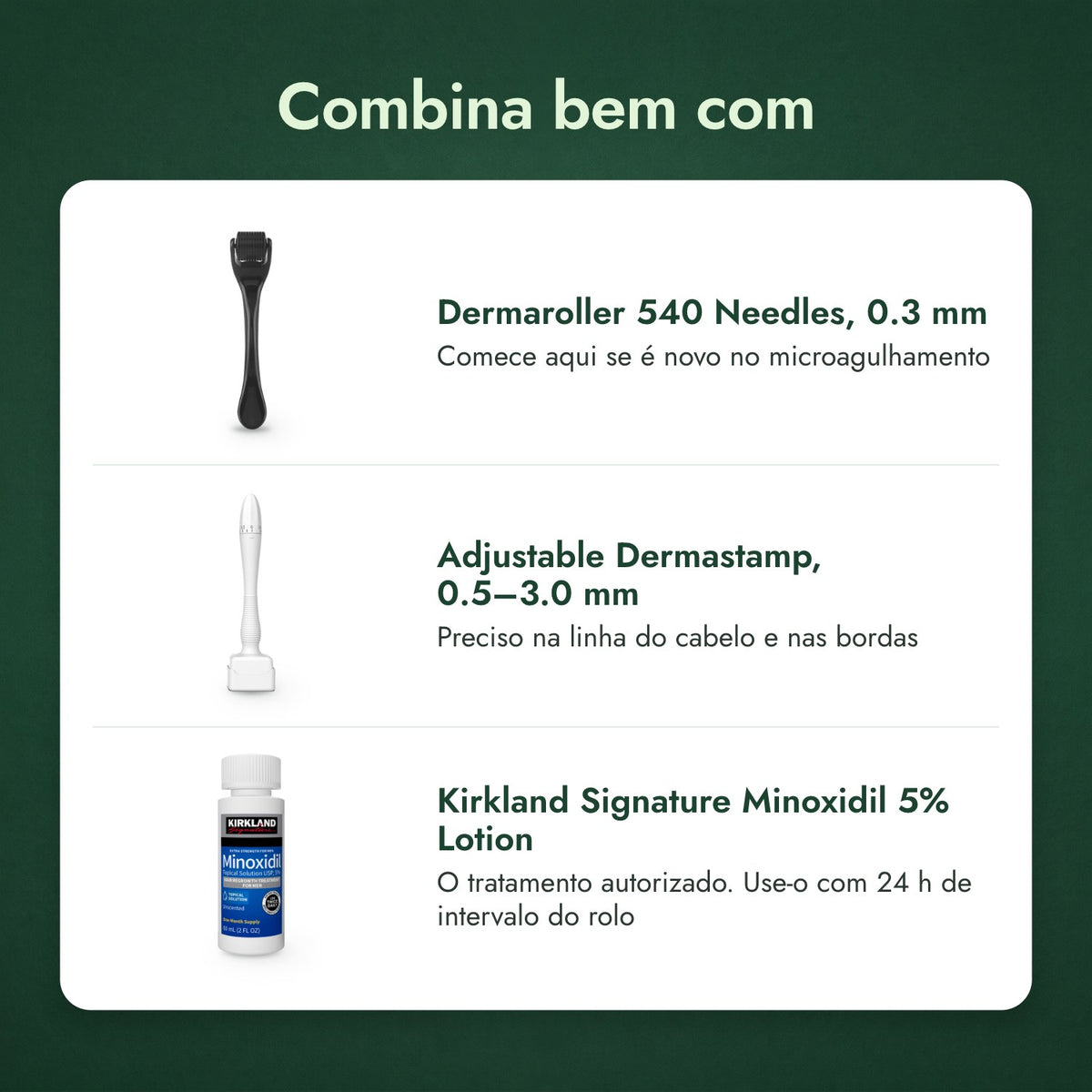 Combina bem com: Dermaroller 540 agulhas, 0,3 mm, Dermastamp ajustável, 0,5–3,0 mm, Kirkland Signature Minoxidil 5%