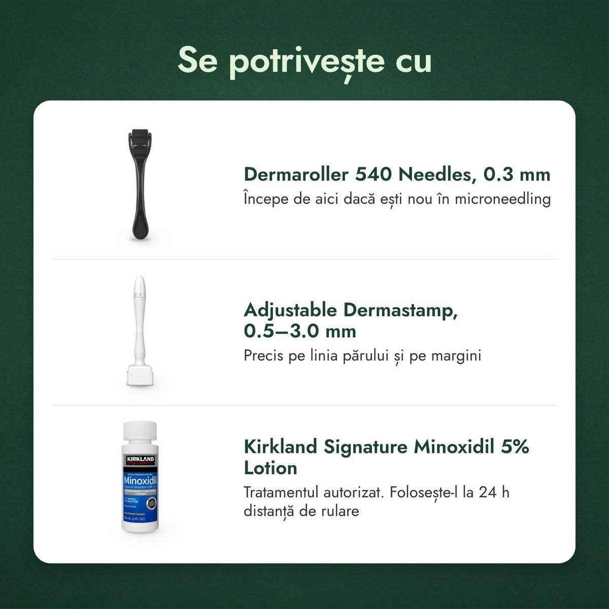 Se potrivește cu: Dermaroller 540 de ace, 0,3 mm, Dermastamp reglabil, 0,5–3,0 mm, Kirkland Signature Minoxidil 5%