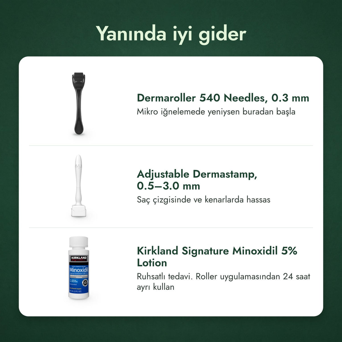 Yanında iyi gider: Dermaroller 540 iğne, 0,3 mm, Ayarlanabilir dermastamp, 0,5–3,0 mm, Kirkland Signature Minoxidil 5%