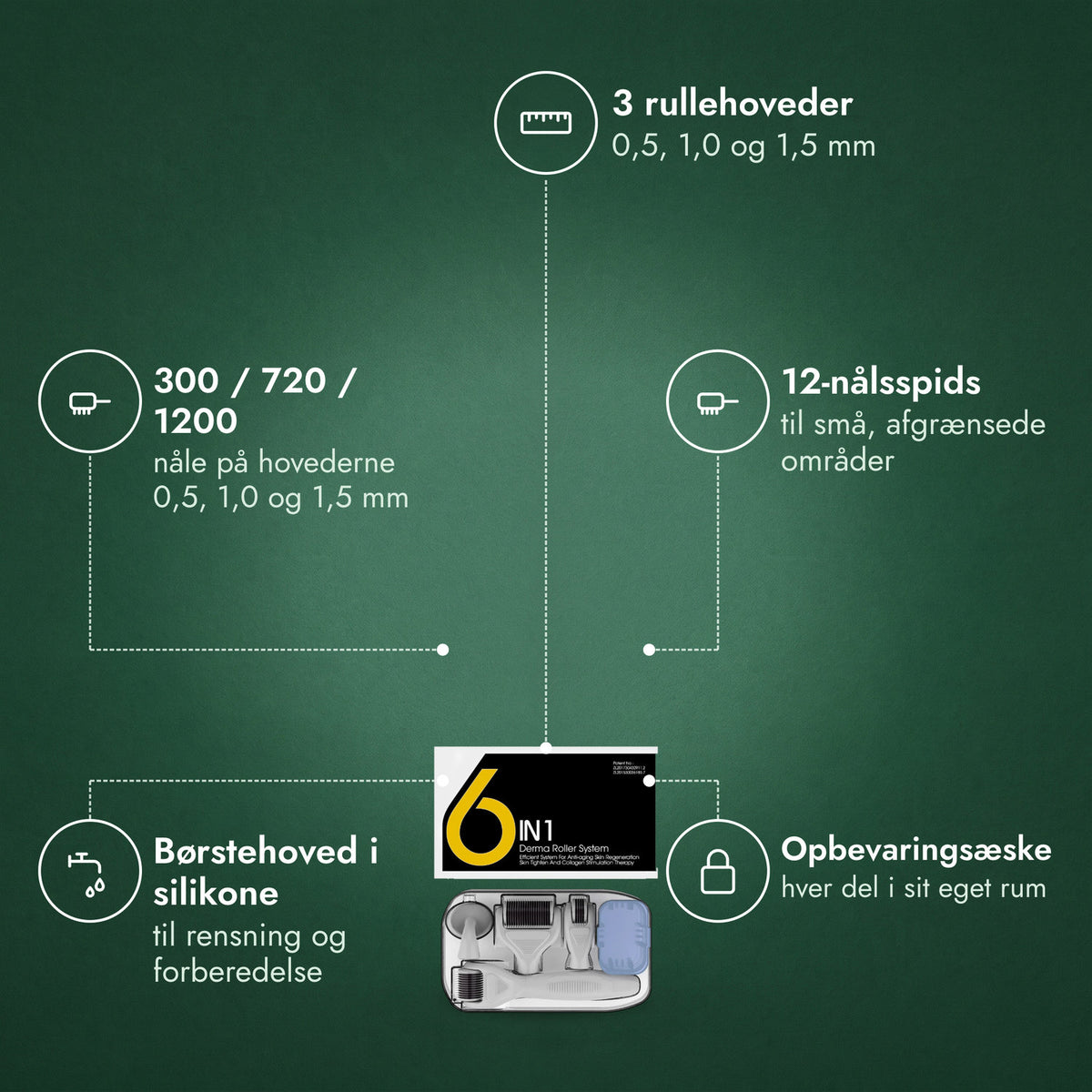 Dermaroller-kit 6-i-1, 0,5–1,5 mm: 3 rullehoveder, 300 / 720 / 1200, 12-nålsspids, Børstehoved i silikone, Opbevaringsæske