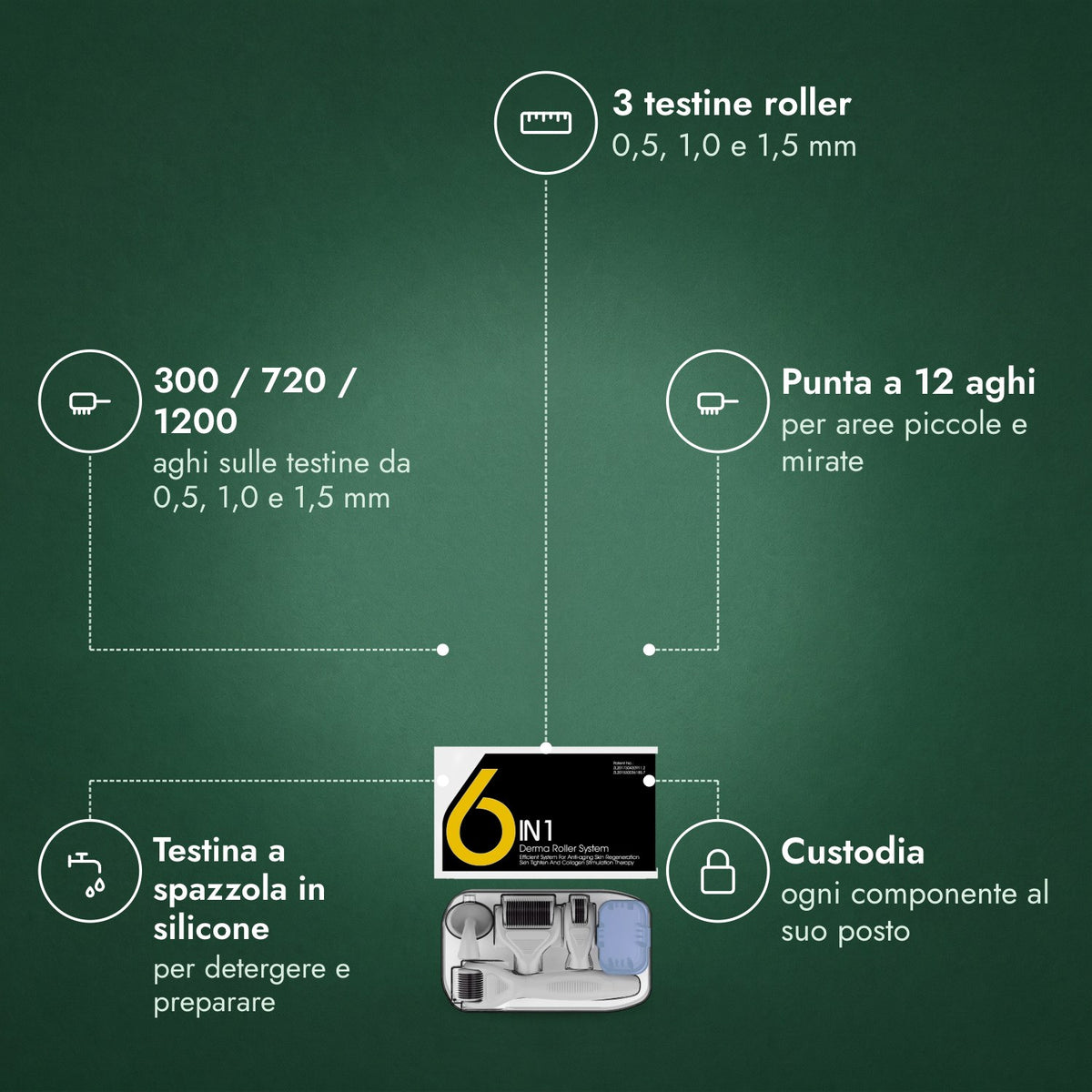 Kit dermaroller 6 in 1, 0,5–1,5 mm: 3 testine roller, 300 / 720 / 1200, Punta a 12 aghi, Testina a spazzola in silicone, Custodia