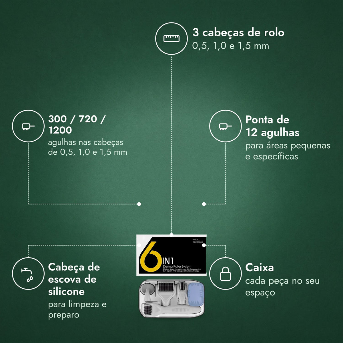 Kit dermaroller 6 em 1, 0,5–1,5 mm: 3 cabeças de rolo, 300 / 720 / 1200, Ponta de 12 agulhas, Cabeça de escova de silicone, Caixa