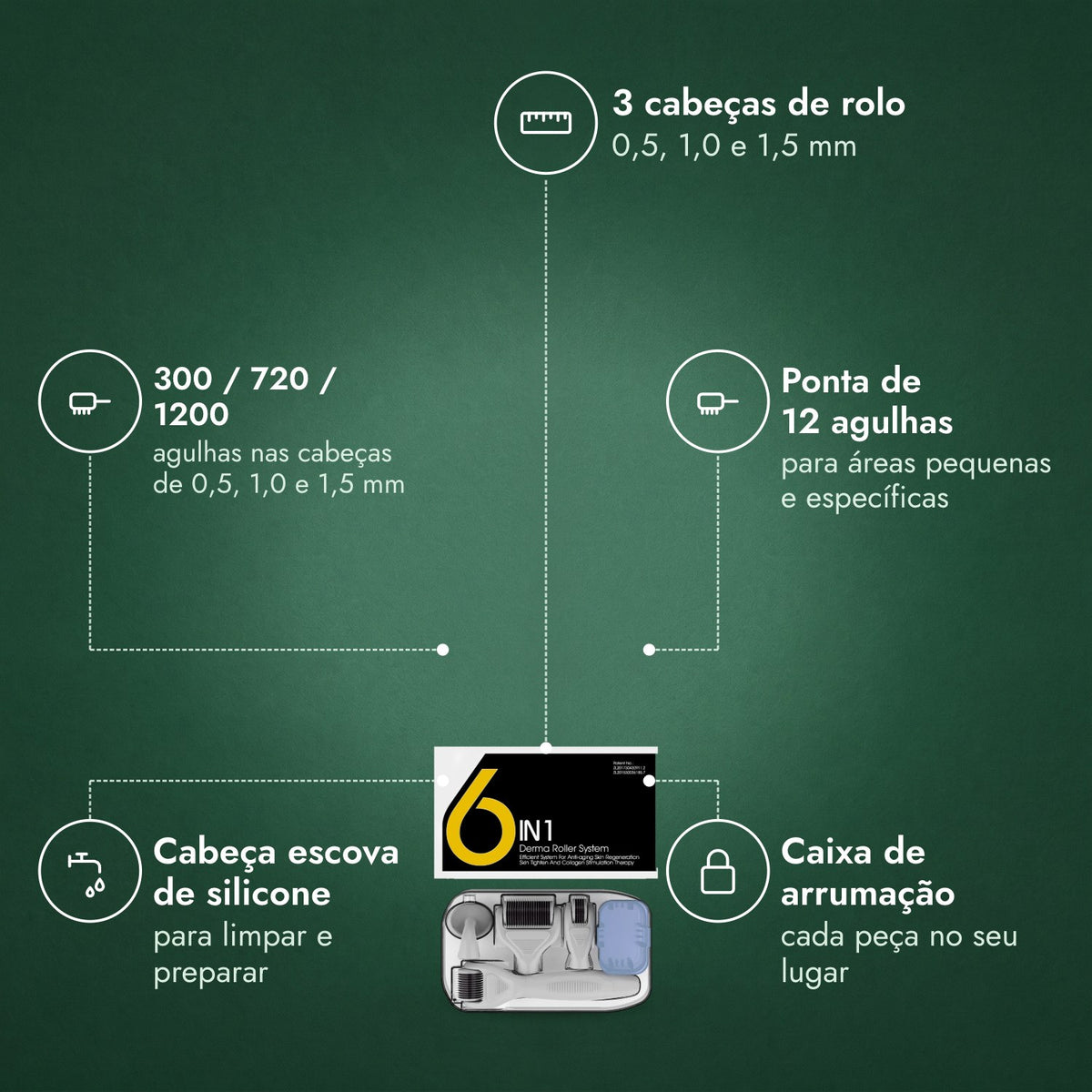 Kit dermaroller 6 em 1, 0,5–1,5 mm: 3 cabeças de rolo, 300 / 720 / 1200, Ponta de 12 agulhas, Cabeça escova de silicone, Caixa de arrumação