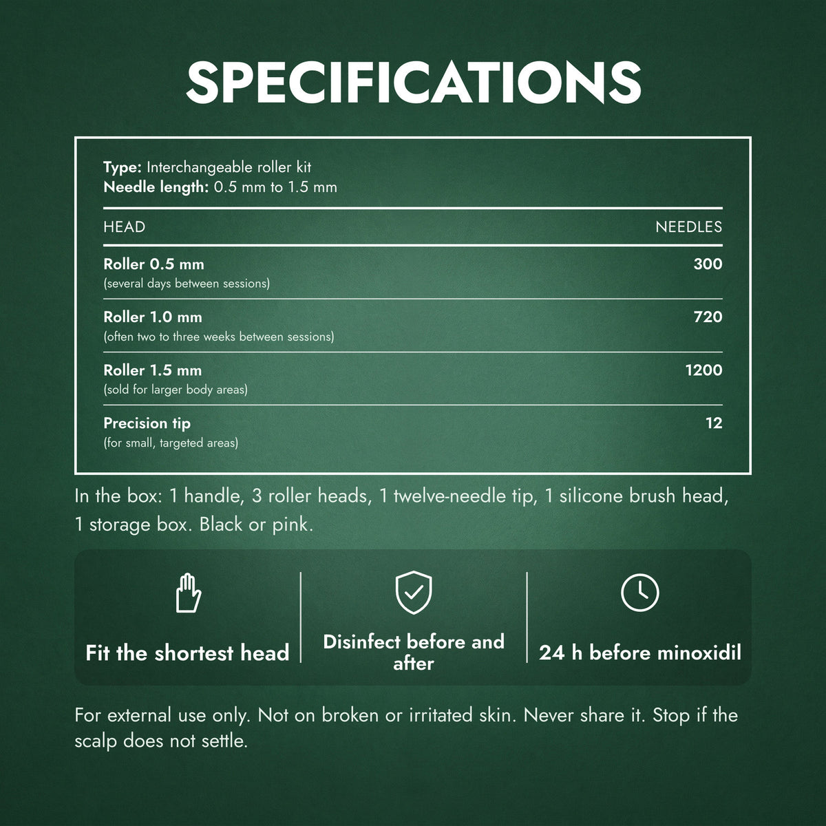 Specifications: Dermaroller Kit 6 in 1, 0.5–1.5 mm