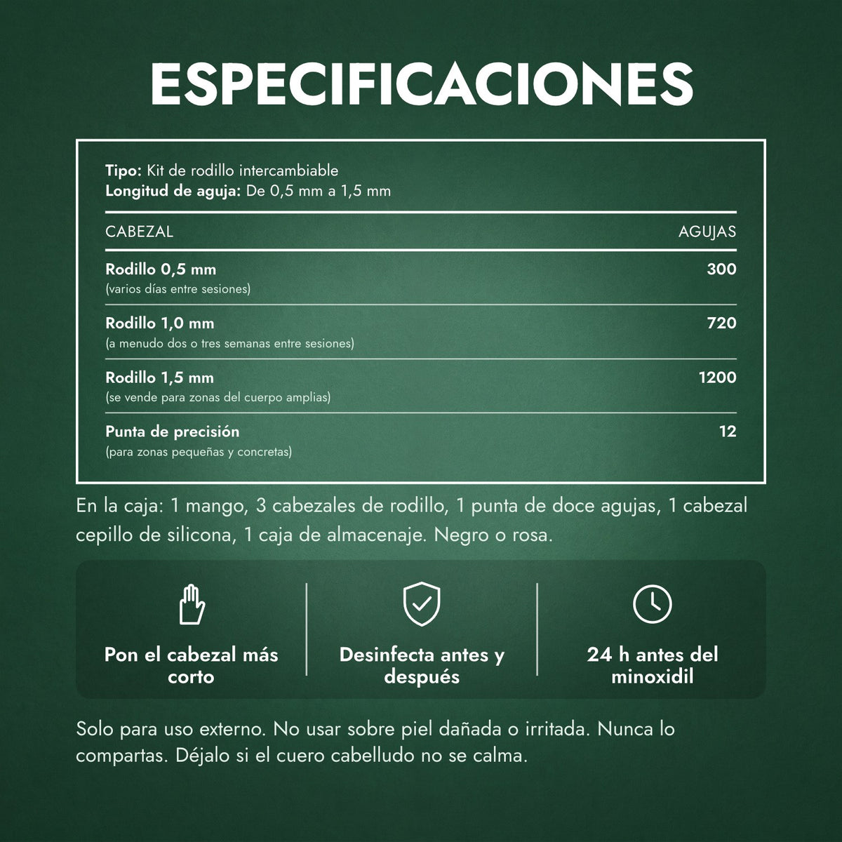Especificaciones: Kit dermaroller 6 en 1, 0,5–1,5 mm