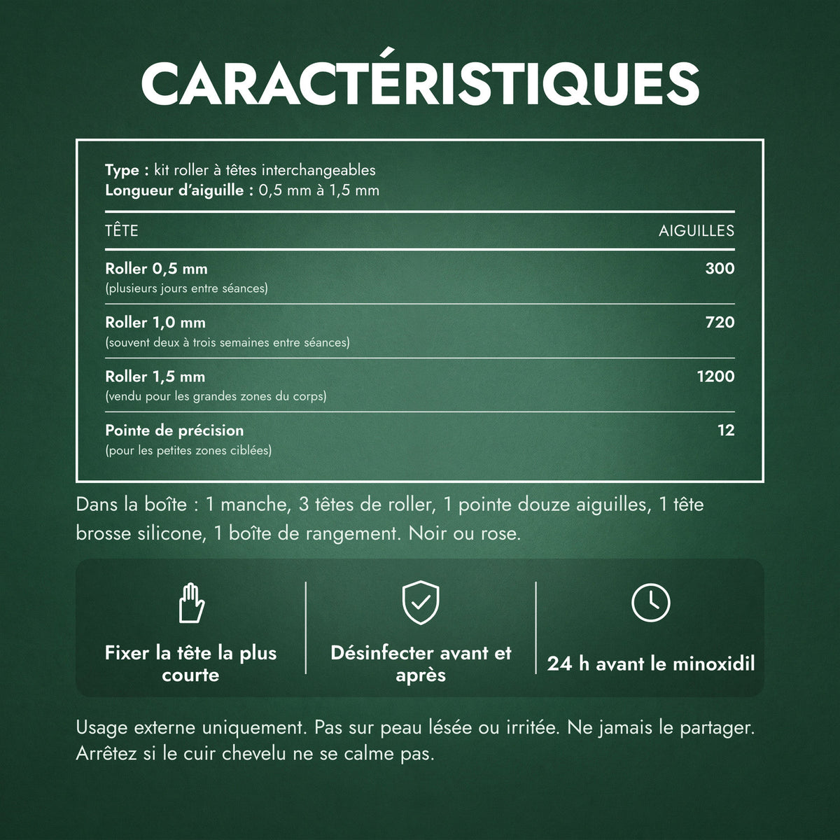 Caractéristiques: Kit dermaroller 6 en 1, 0,5–1,5 mm