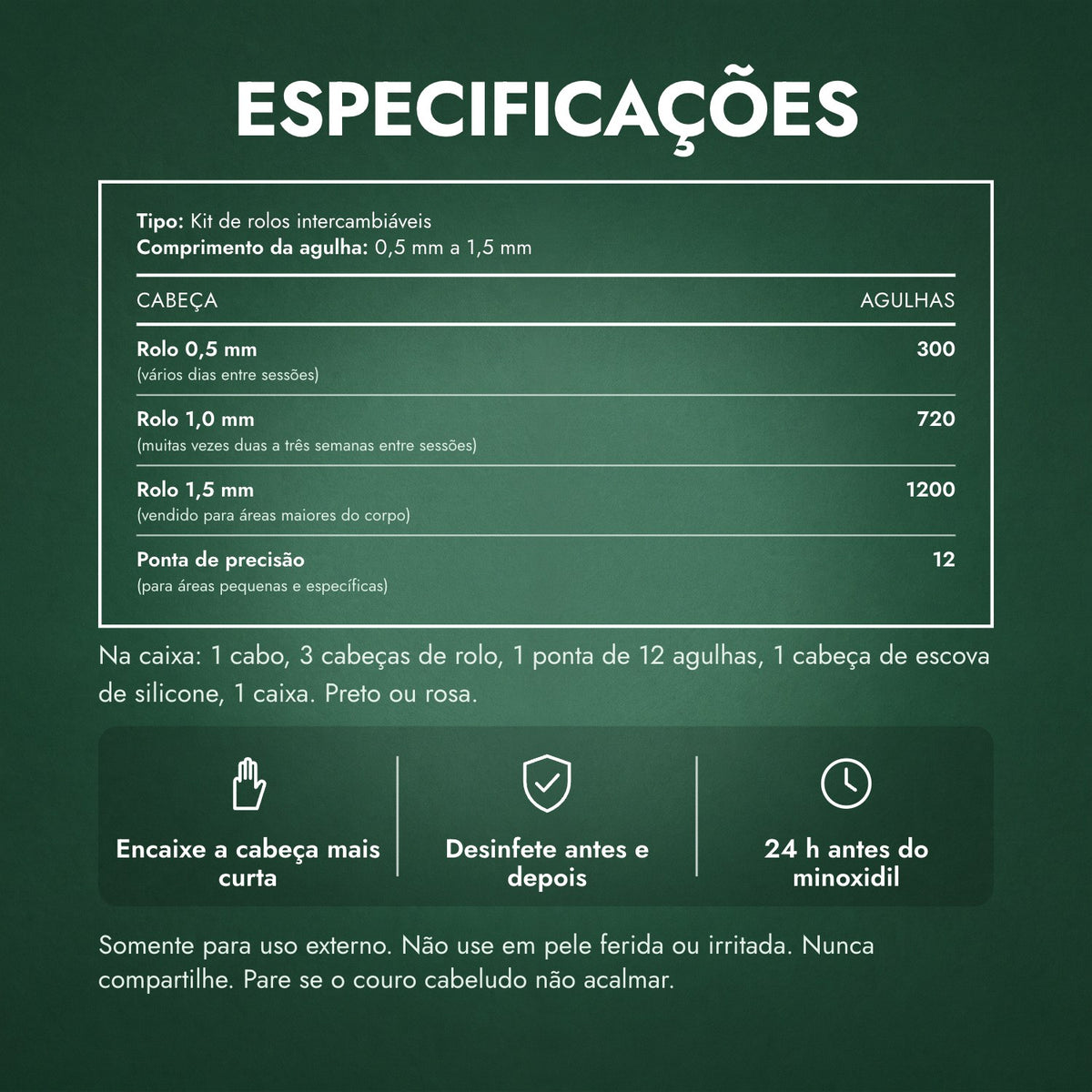 Especificações: Kit dermaroller 6 em 1, 0,5–1,5 mm