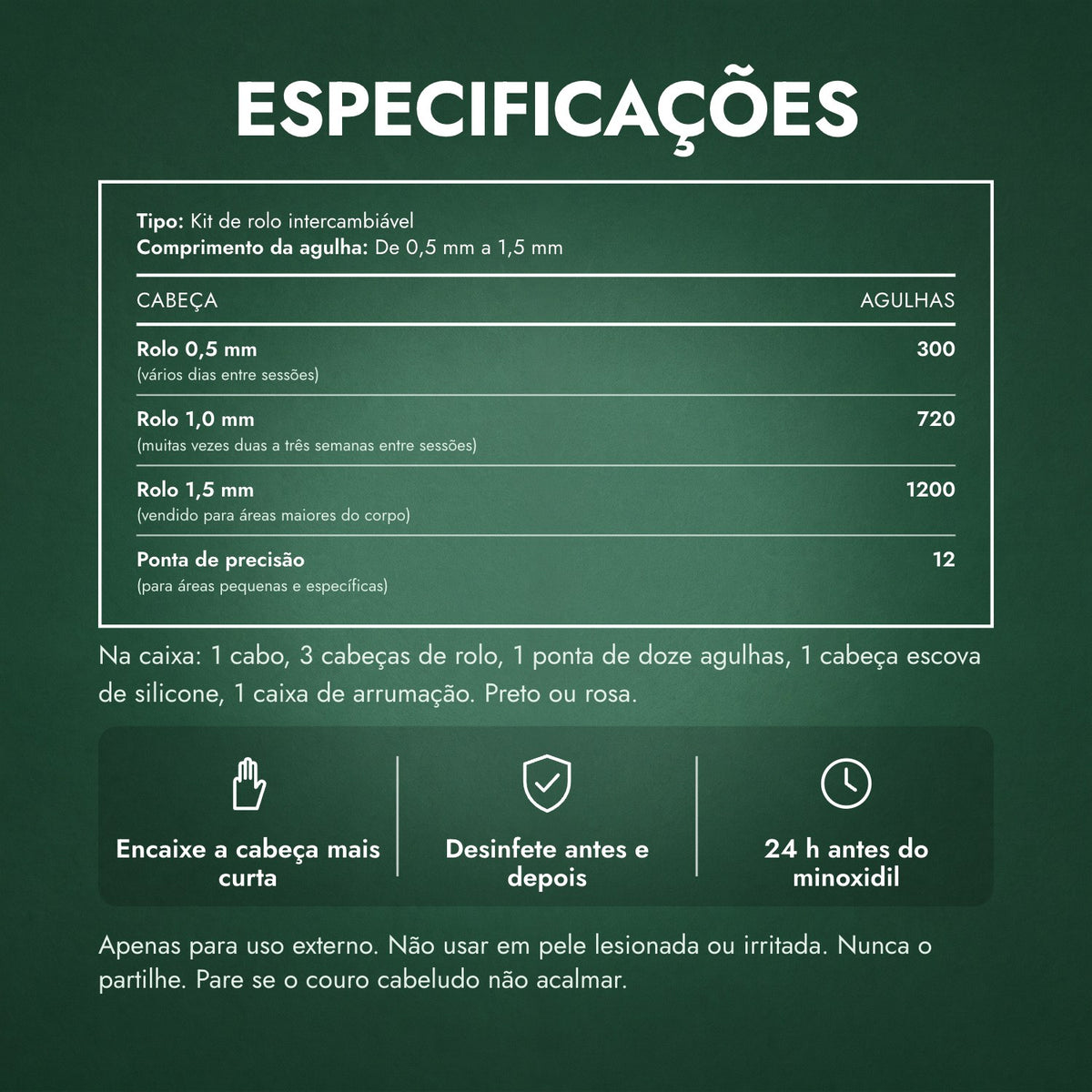 Especificações: Kit dermaroller 6 em 1, 0,5–1,5 mm