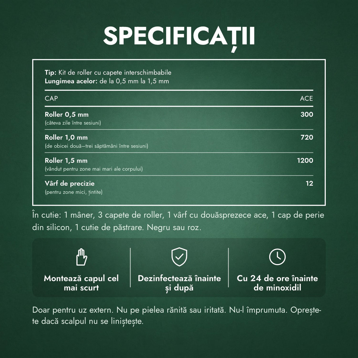 Specificații: Kit dermaroller 6 în 1, 0,5–1,5 mm