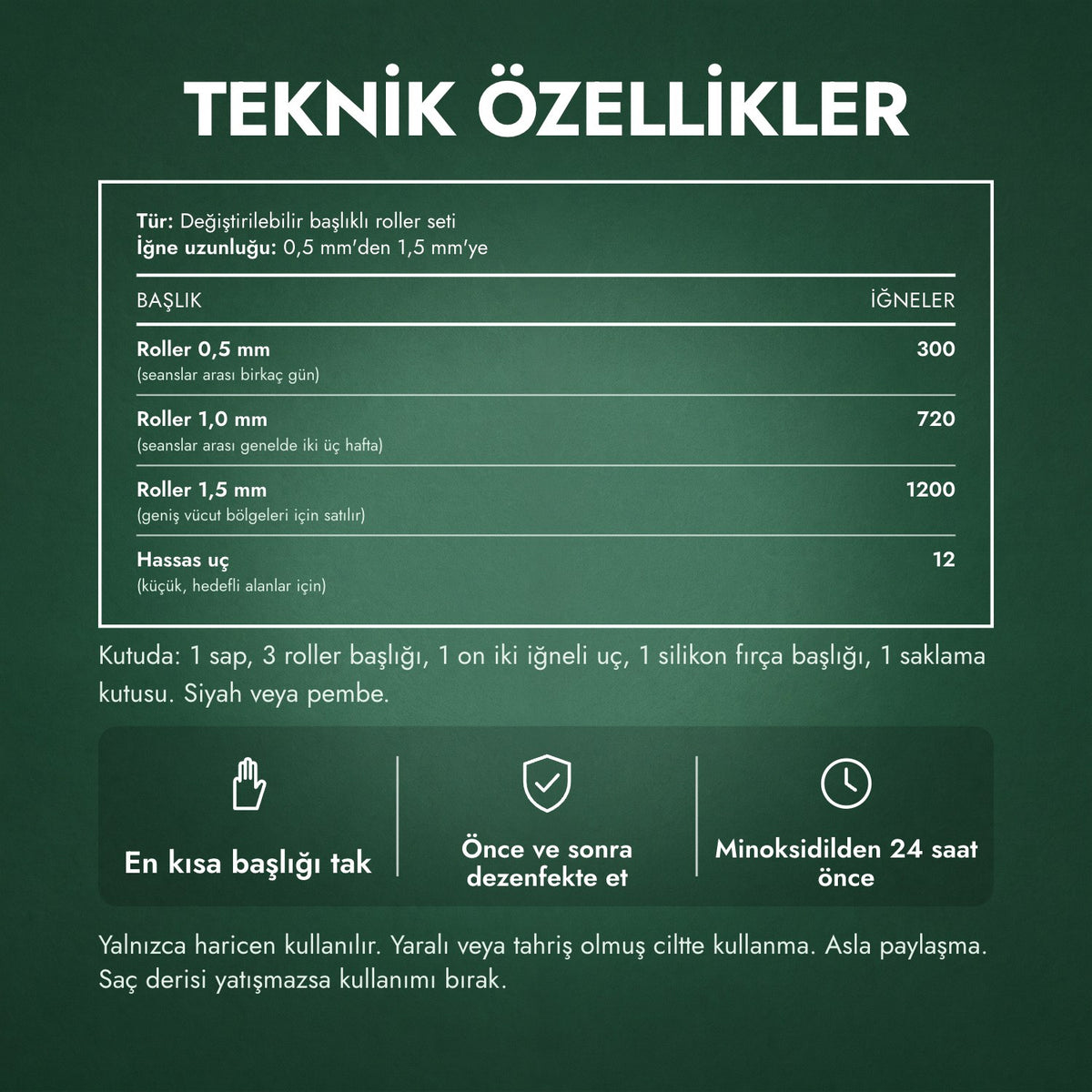 Teknik özellikler: 6'sı 1 arada dermaroller seti, 0,5–1,5 mm