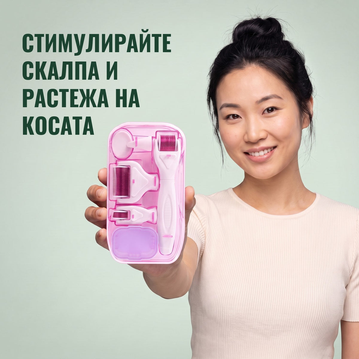 Жена държи розовия комплект дермаролер 6-в-1 на зелен фон