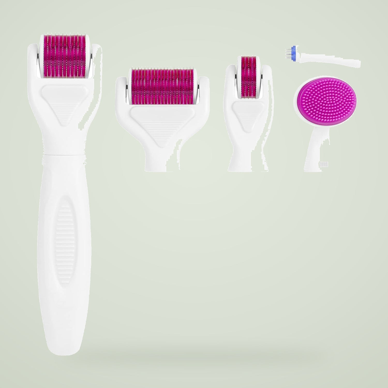 The 6-in-1 dermaroller kit in pink: handle, roller heads, silicone brush and the pink storage case