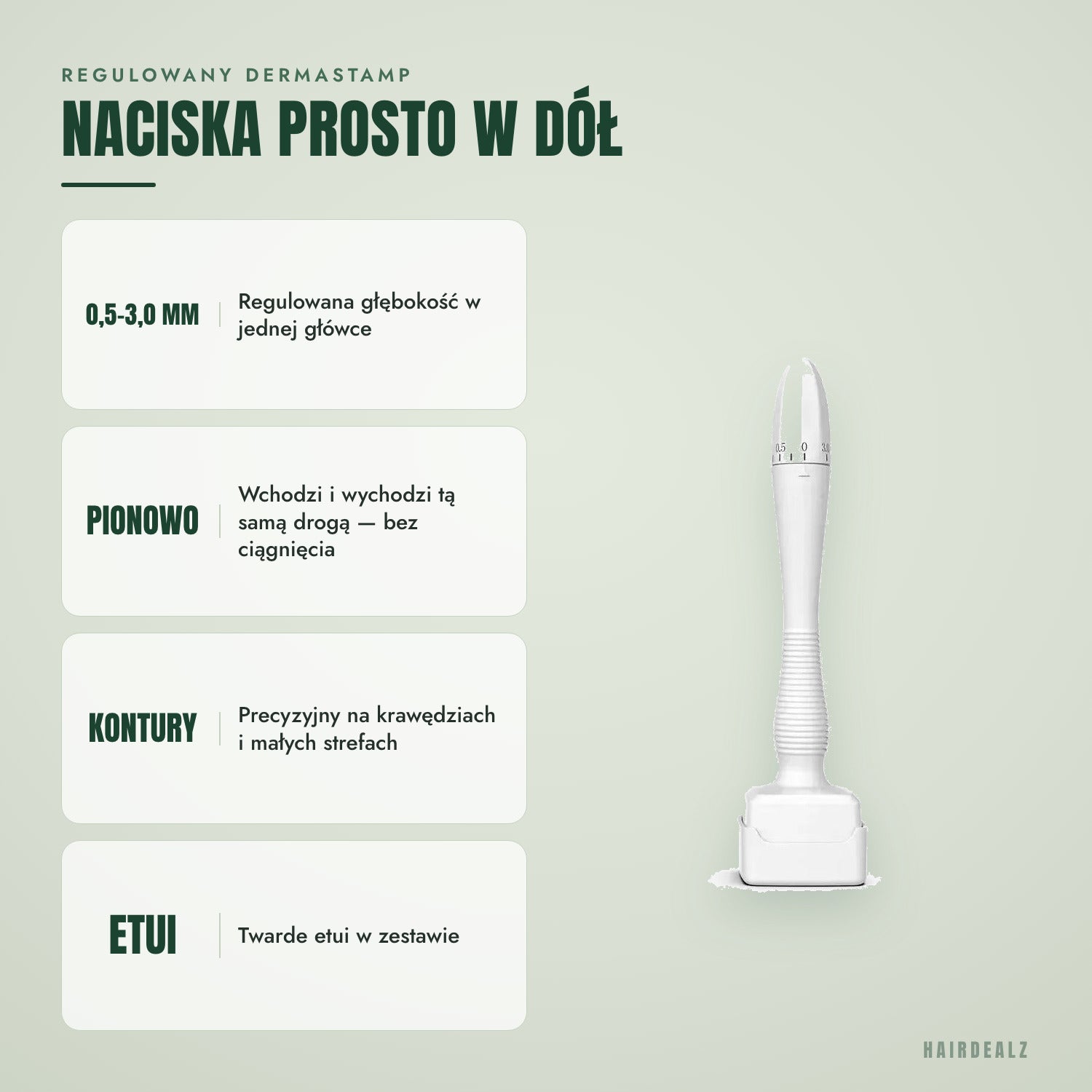 Regulowany dermastamp — dociska prosto w dół
