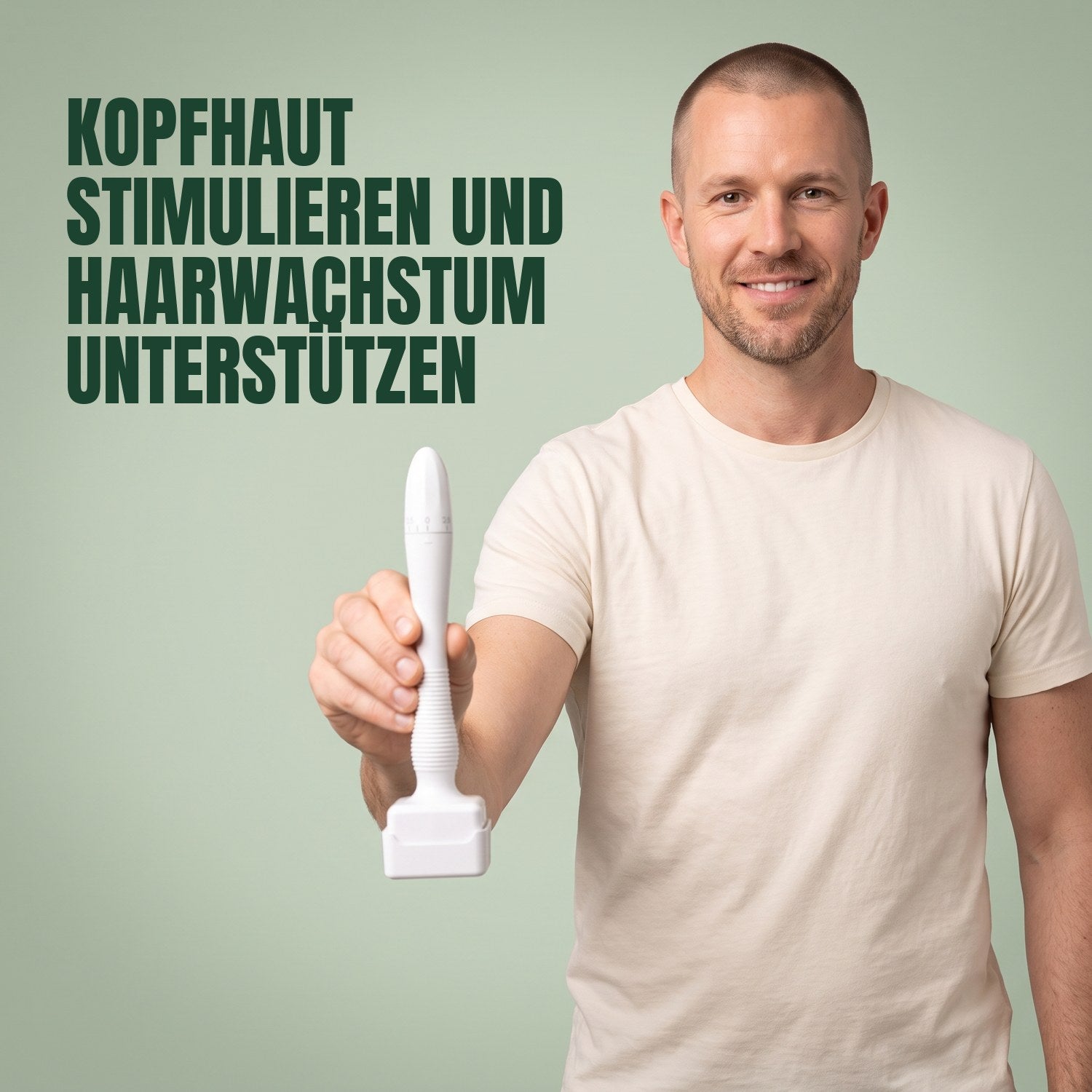 Man holding a dermastamp microneedling tool against a green background