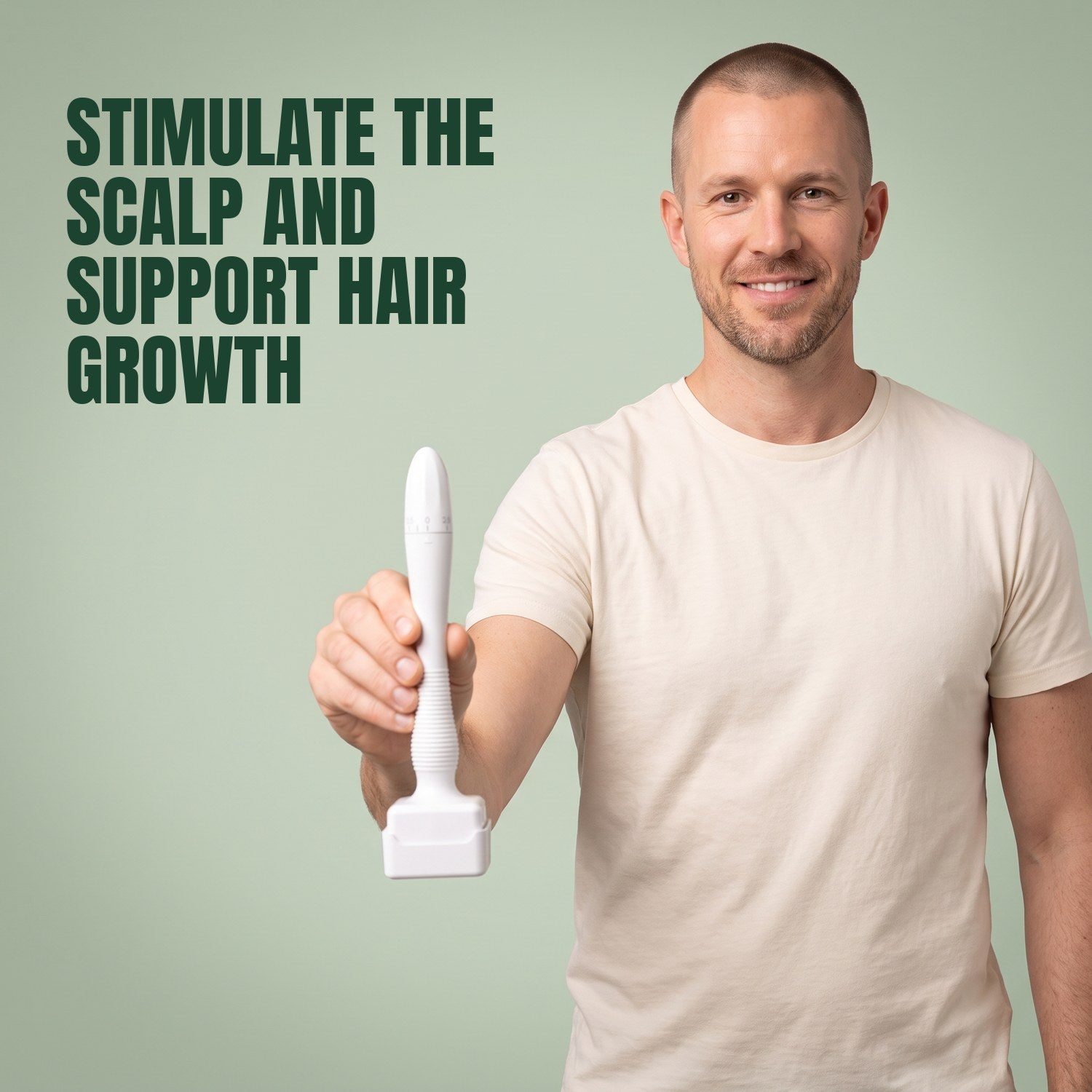 Man holding a dermastamp microneedling tool against a green background