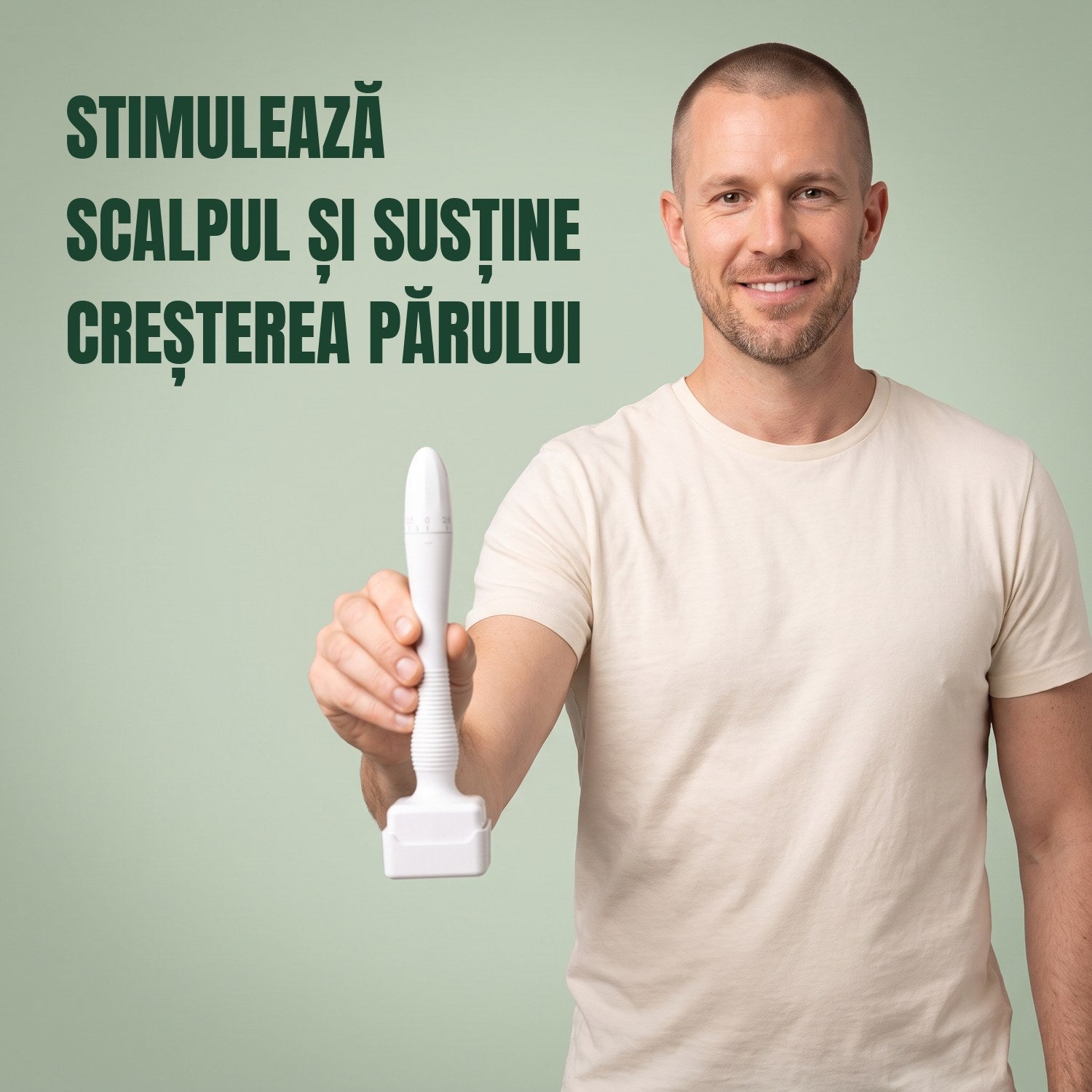 Bărbat ținând un dermastamp pentru microneedling pe fundal verde