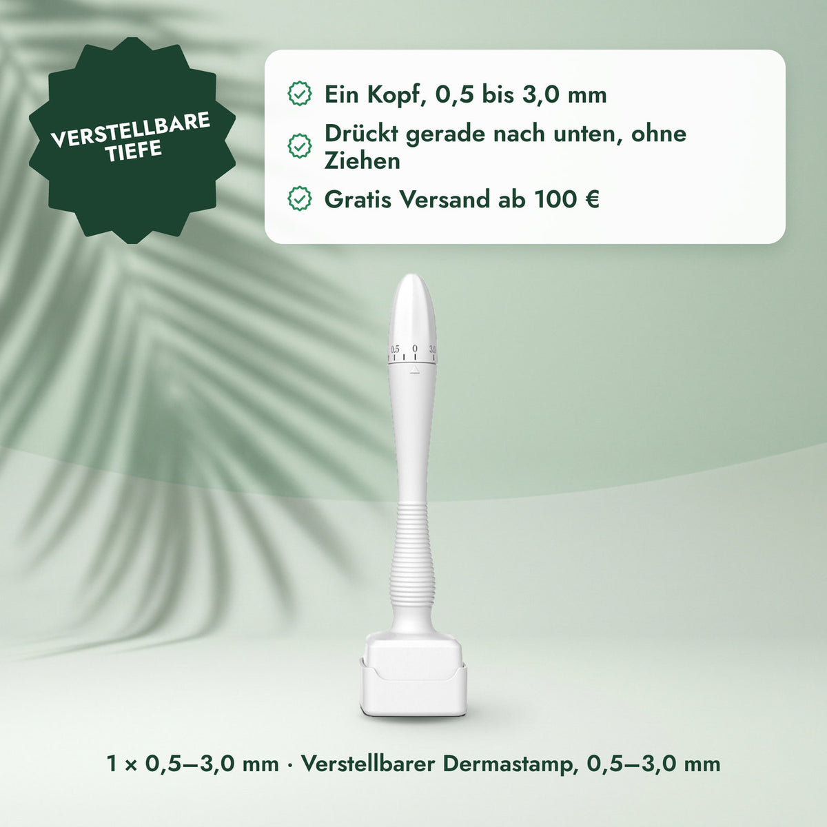 1 × 0,5–3,0 mm · Verstellbarer Dermastamp, 0,5–3,0 mm: Verstellbare Tiefe