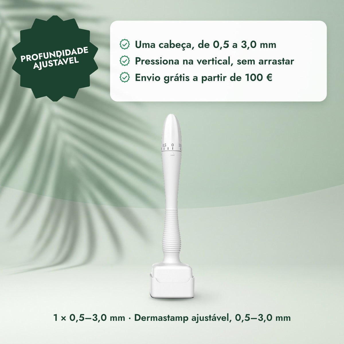 1 × 0,5–3,0 mm · Dermastamp ajustável, 0,5–3,0 mm: Profundidade ajustável