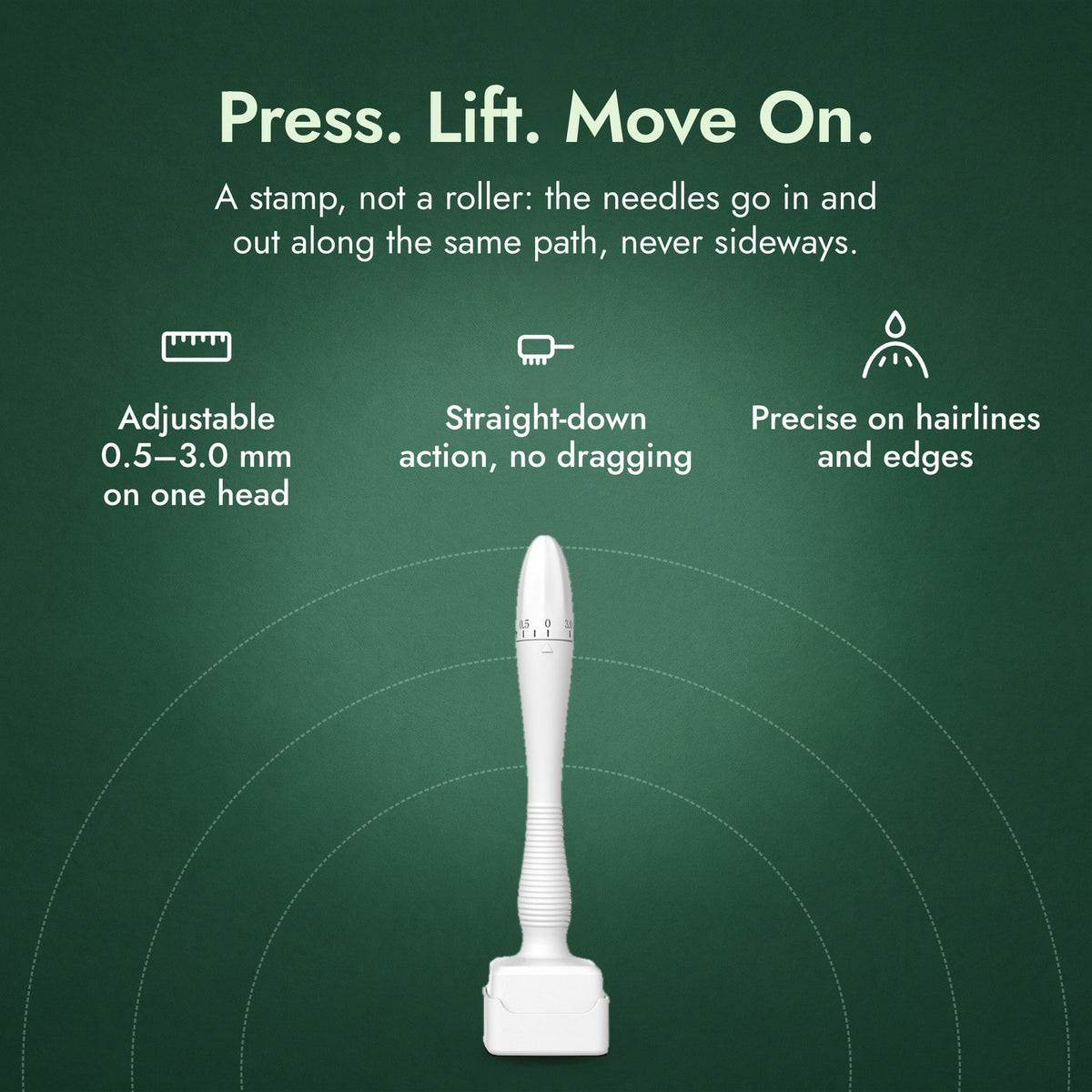 Adjustable Dermastamp, 0.5–3.0 mm: Press. Lift. Move On. Adjustable 0.5–3.0 mm on one head, Straight-down action, no dragging, Precise on hairlines and edges