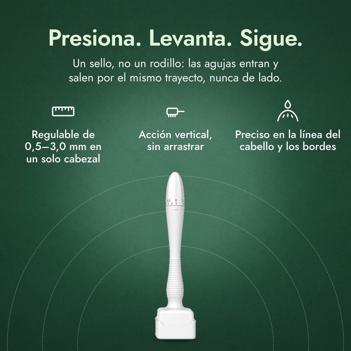 Dermastamp regulable, 0,5–3,0 mm: Presiona. Levanta. Sigue. Regulable de 0,5–3,0 mm en un solo cabezal, Acción vertical, sin arrastrar, Preciso en la línea del cabello y los bordes