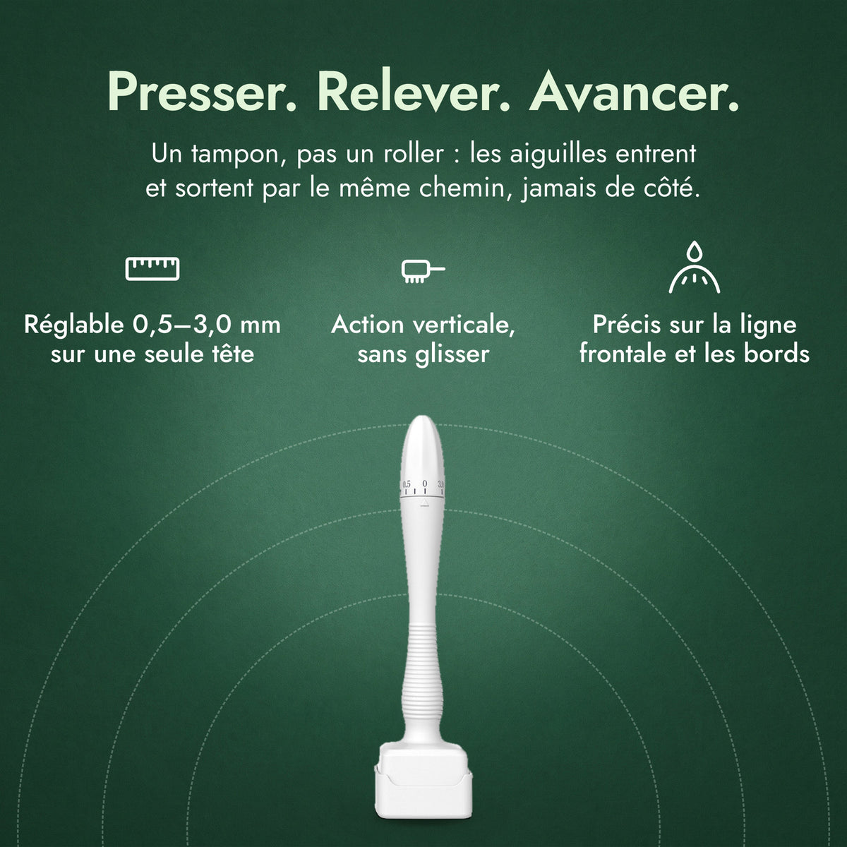 Dermastamp réglable, 0,5–3,0 mm: Presser. Relever. Avancer. Réglable 0,5–3,0 mm sur une seule tête, Action verticale, sans glisser, Précis sur la ligne frontale et les bords