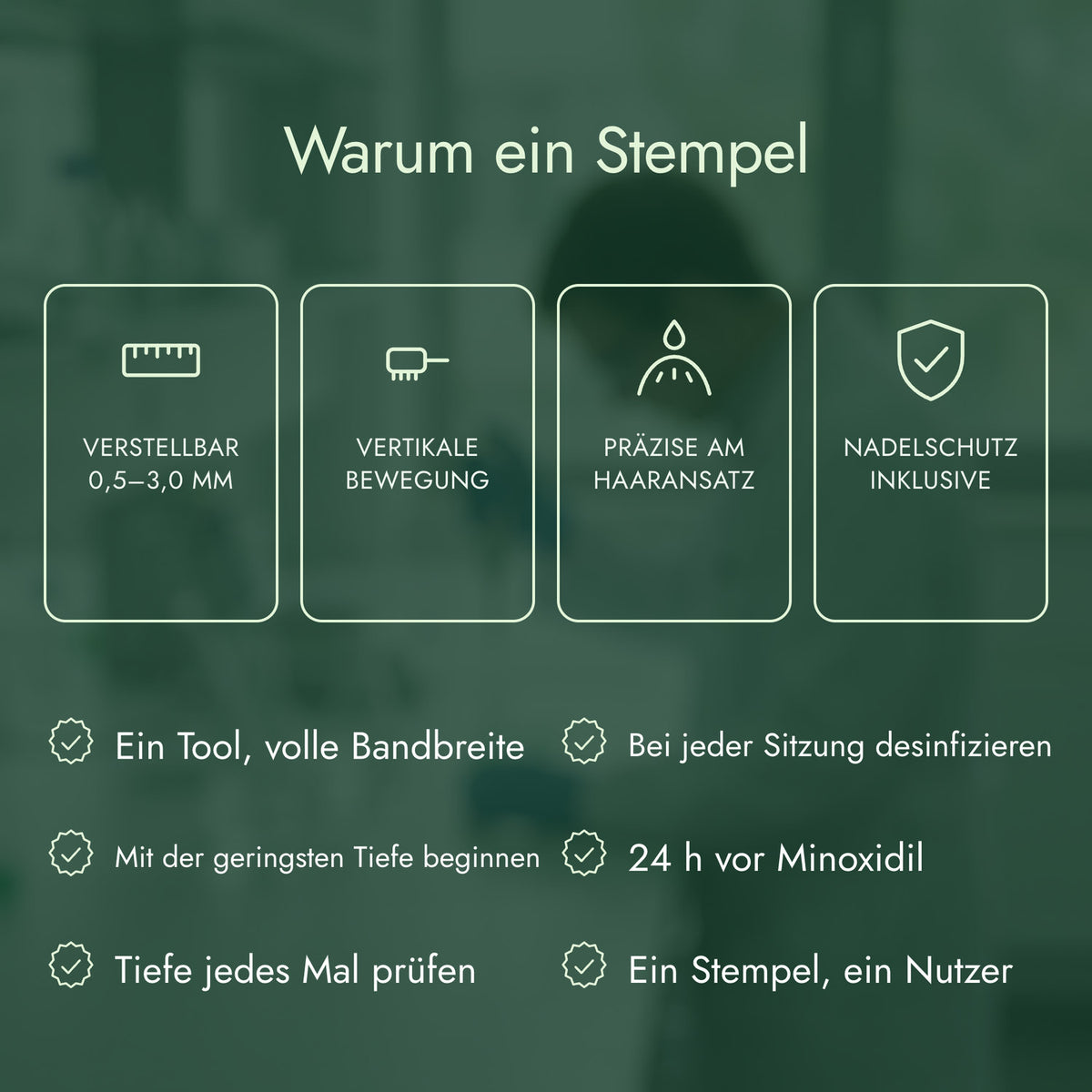 Warum ein Stempel: Verstellbar 0,5–3,0 mm, Vertikale Bewegung, Präzise am Haaransatz, Nadelschutz inklusive
