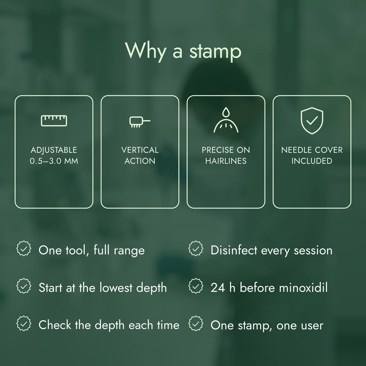 Why a stamp: Adjustable 0.5–3.0 mm, Vertical action, Precise on hairlines, Needle cover included