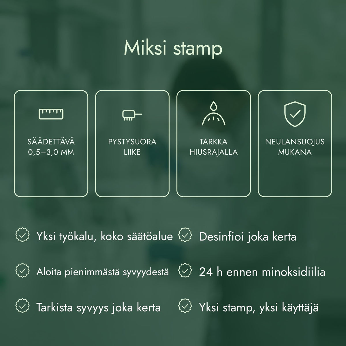 Miksi stamp: Säädettävä 0,5–3,0 mm, Pystysuora liike, Tarkka hiusrajalla, Neulansuojus mukana