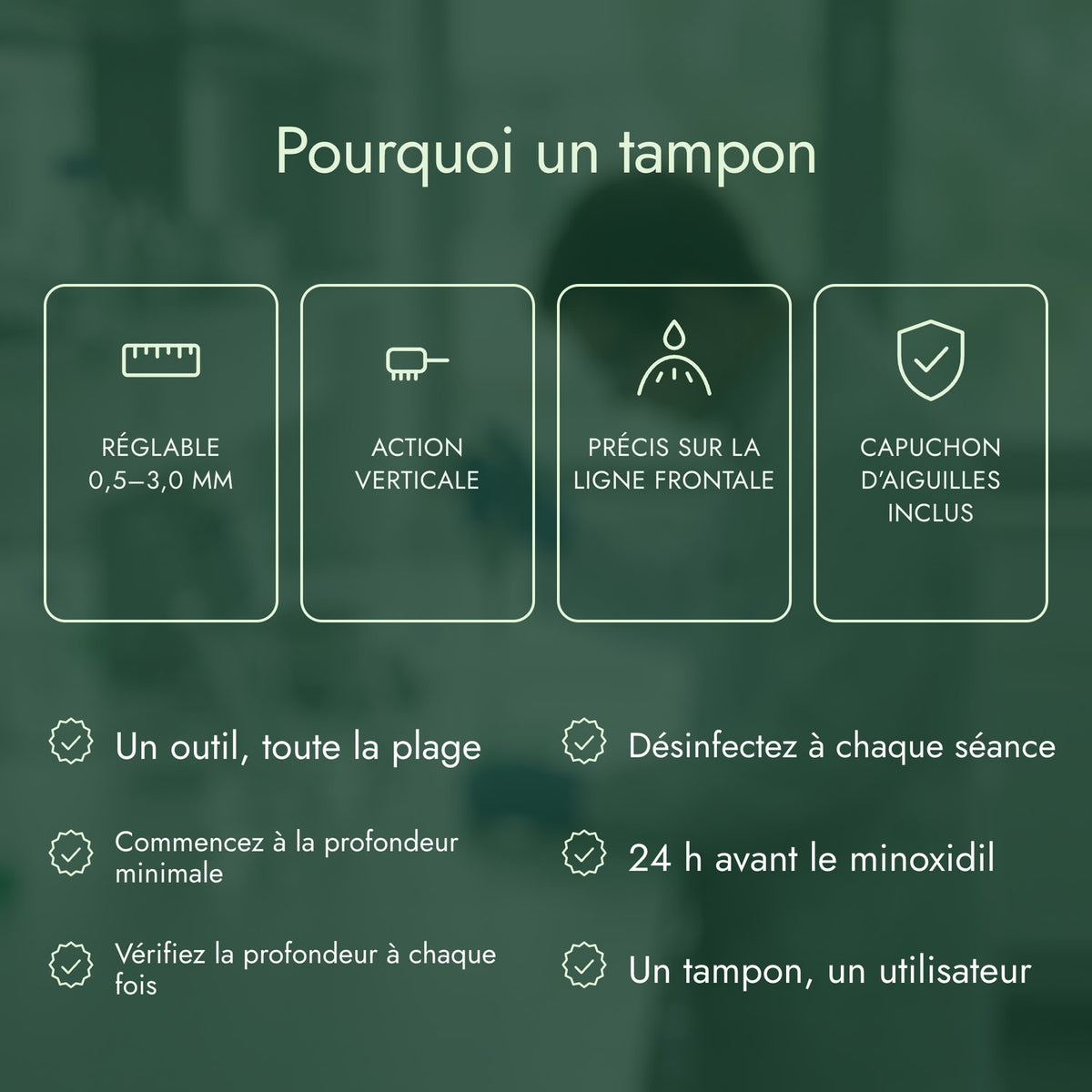 Pourquoi un tampon: Réglable 0,5–3,0 mm, Action verticale, Précis sur la ligne frontale, Capuchon d’aiguilles inclus