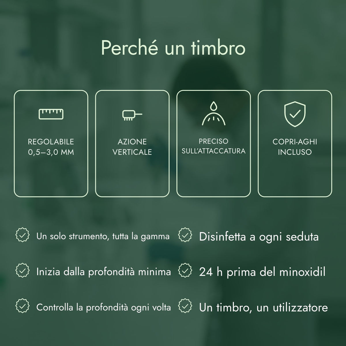Perché un timbro: Regolabile 0,5–3,0 mm, Azione verticale, Preciso sull’attaccatura, Copri-aghi incluso