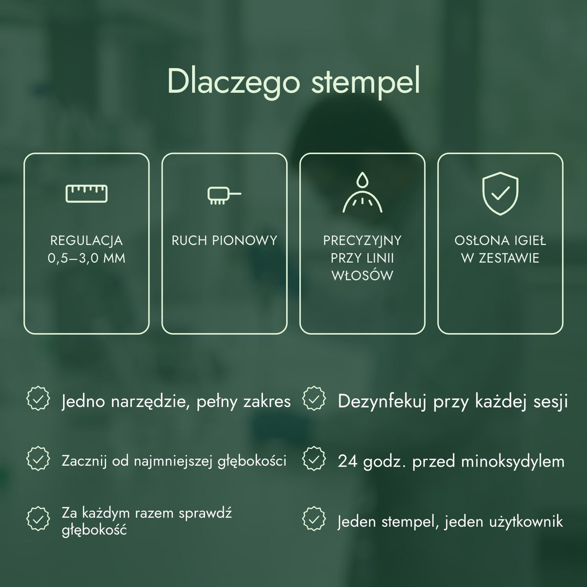 Dlaczego stempel: Regulacja 0,5–3,0 mm, Ruch pionowy, Precyzyjny przy linii włosów, Osłona igieł w zestawie